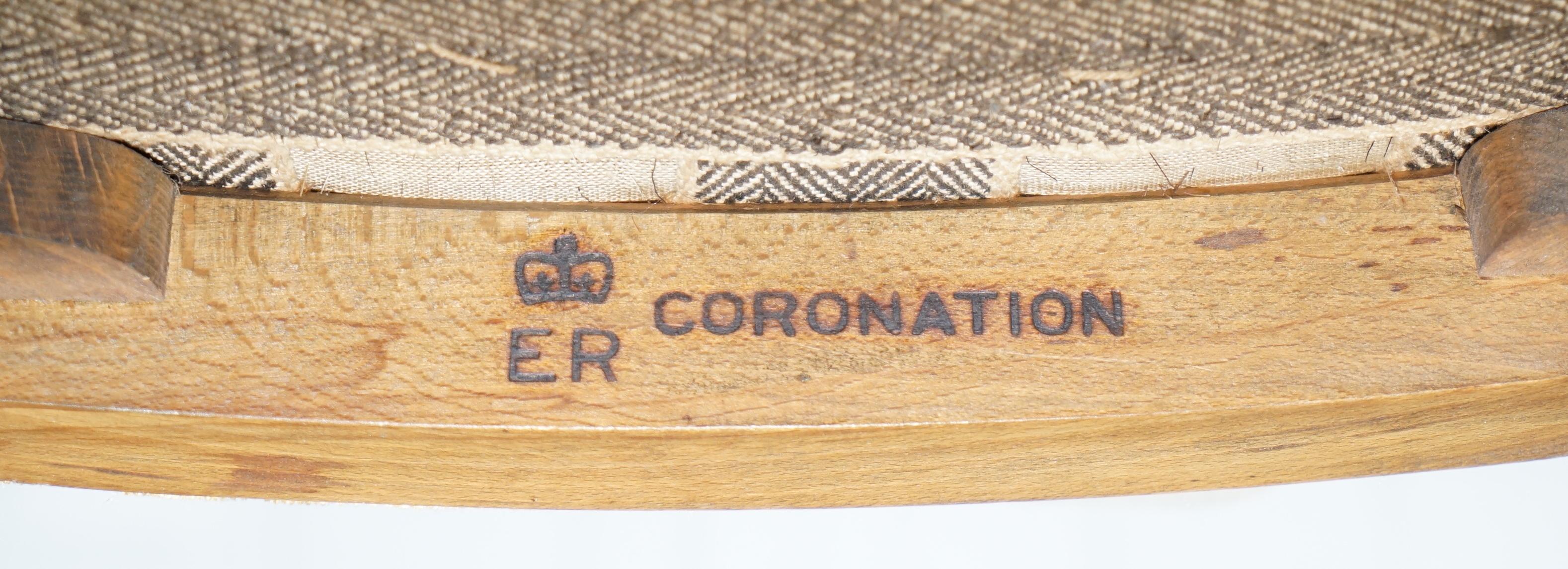 Pair of ER II 1953 Queen Elizabeth II Coronation Stools Regal Velvet Upholstery 2