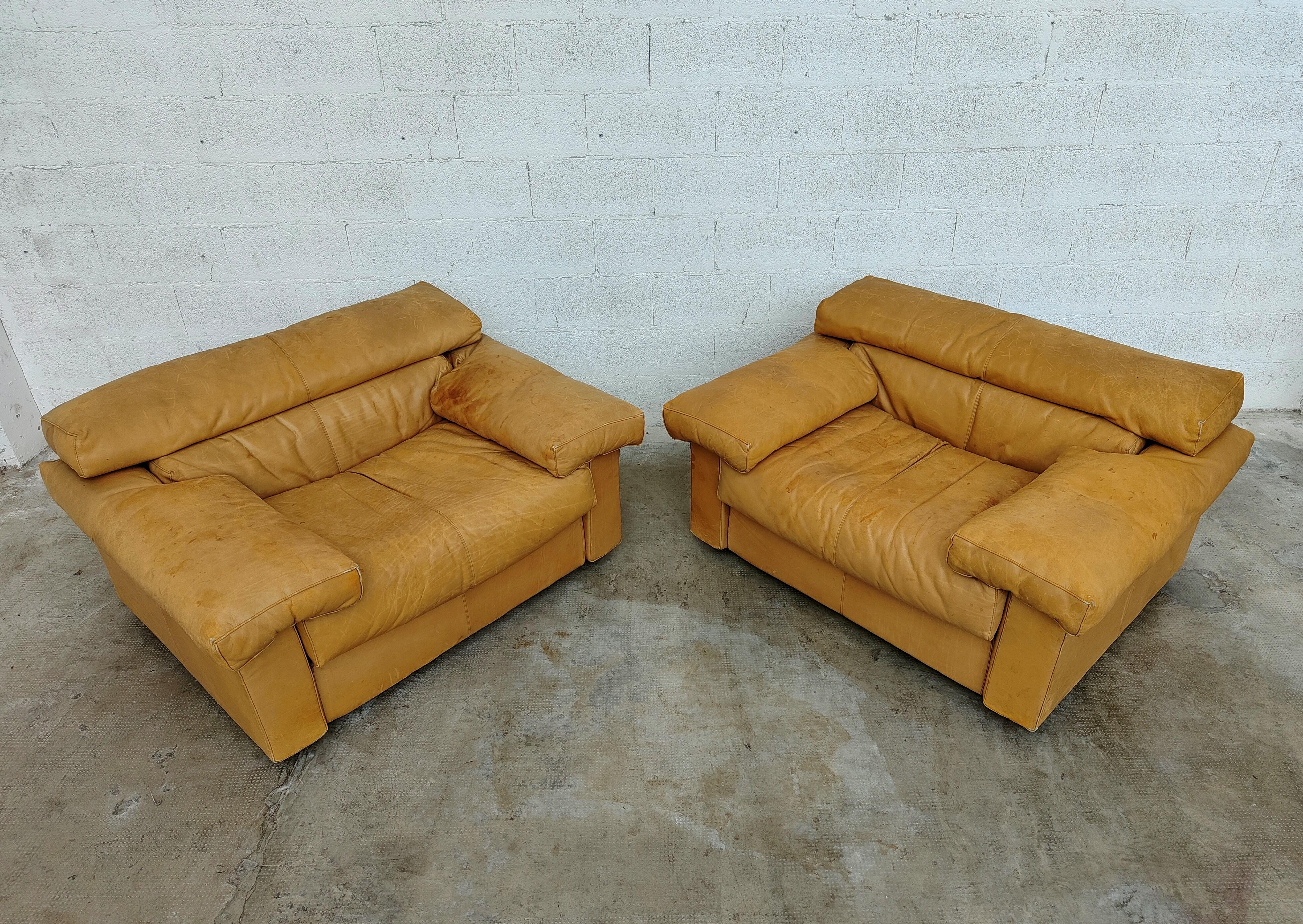 Italian Pair of Erasmo Leather Armchairs by Afra and Tobia Scarpa for B&B Italia 70s