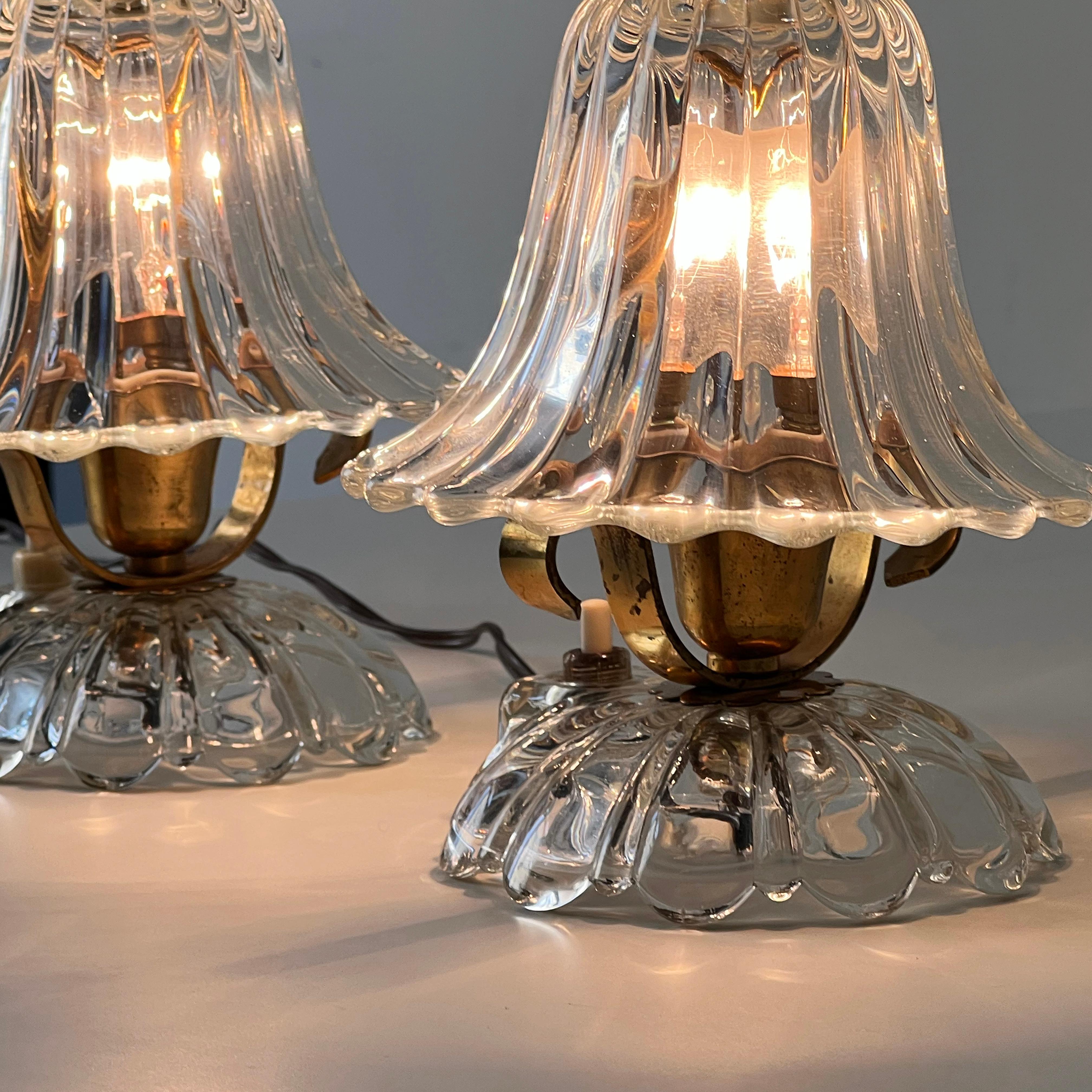 Pair of Ercole Barovier Murano glass and brass table lamps, Italy 1940s 7