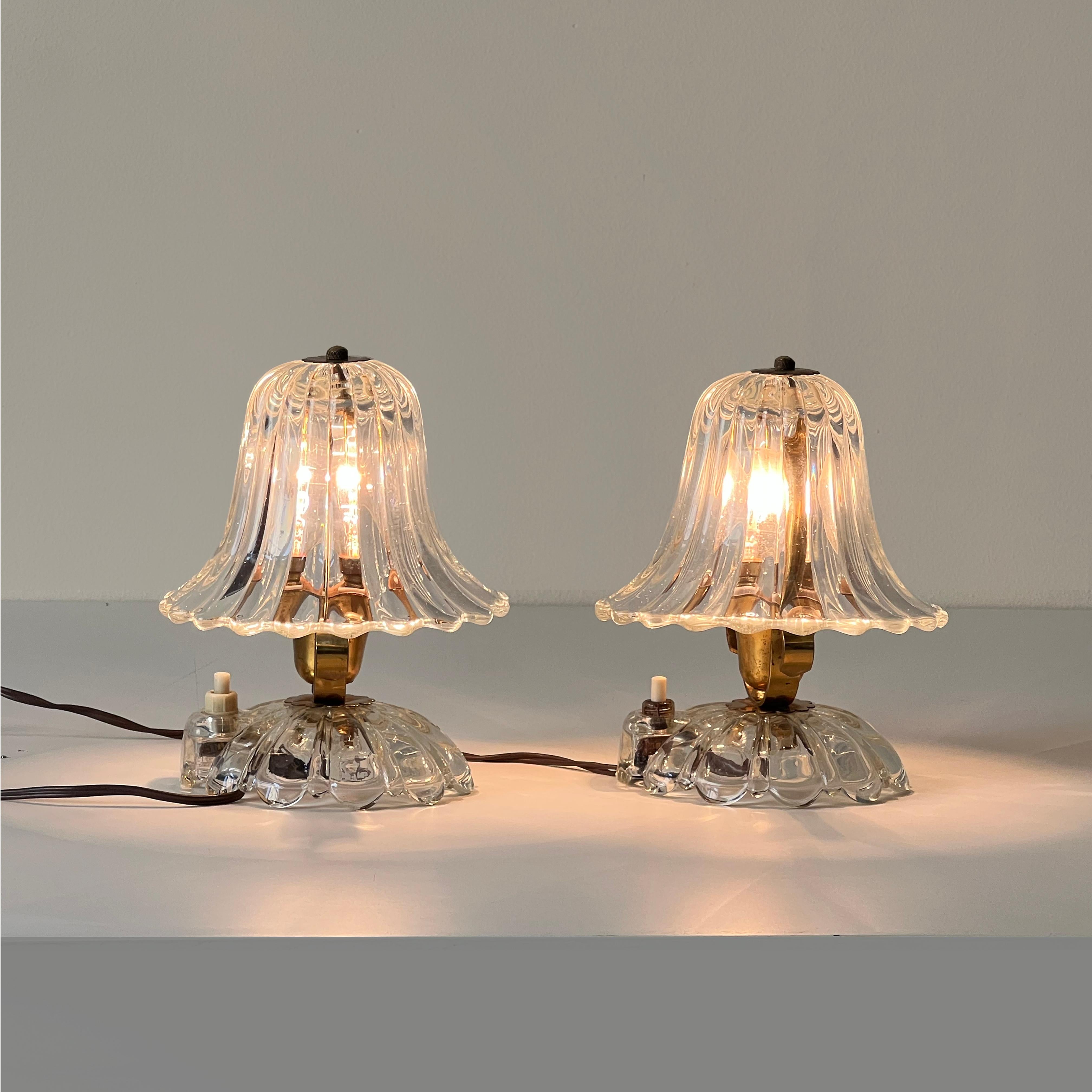 Pair of Ercole Barovier Murano glass and brass table lamps, Italy 1940s 8