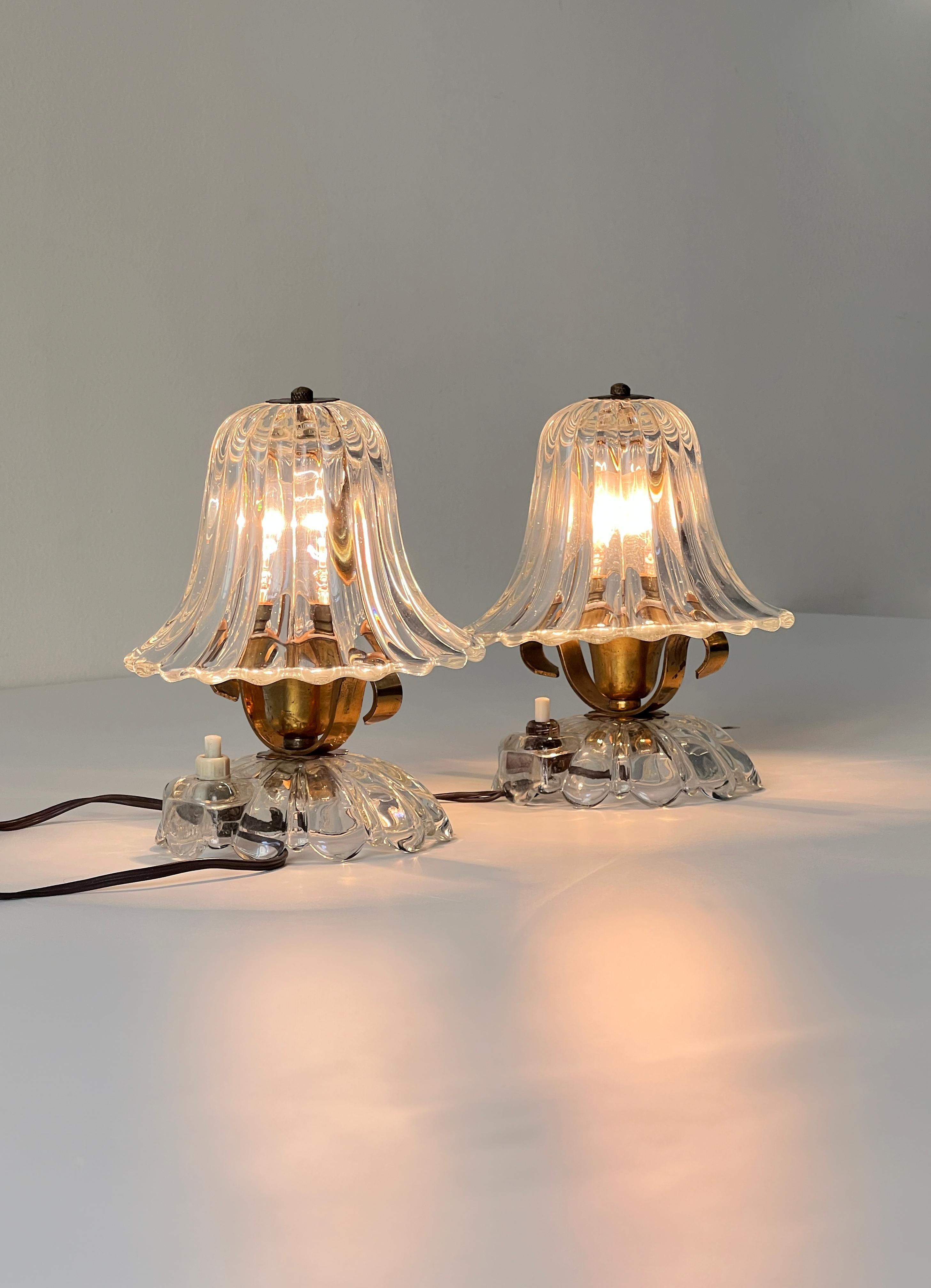 Pair of Ercole Barovier Murano glass and brass table lamps, Italy 1940s 9