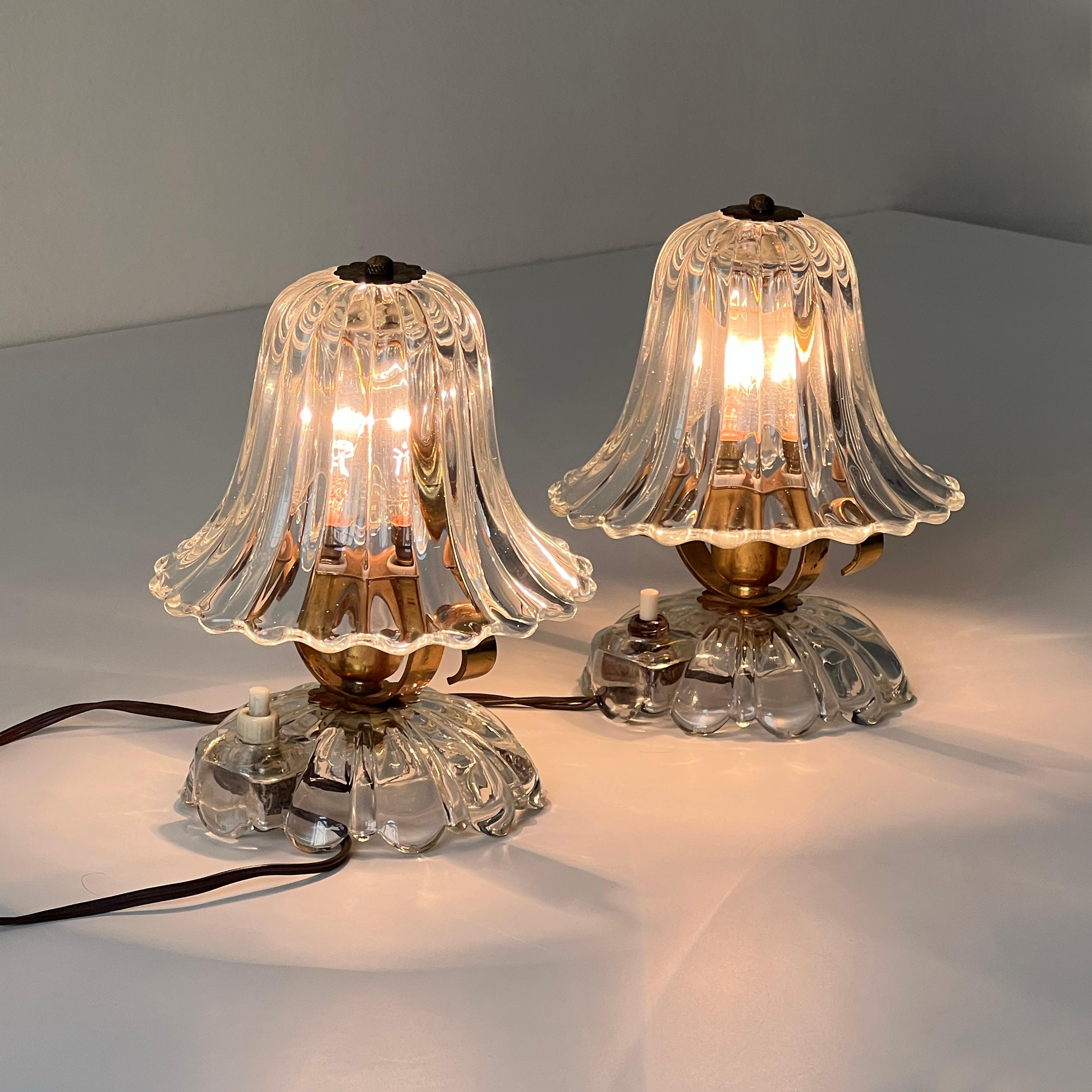 Pair of Ercole Barovier Murano glass and brass table lamps, Italy 1940s 10