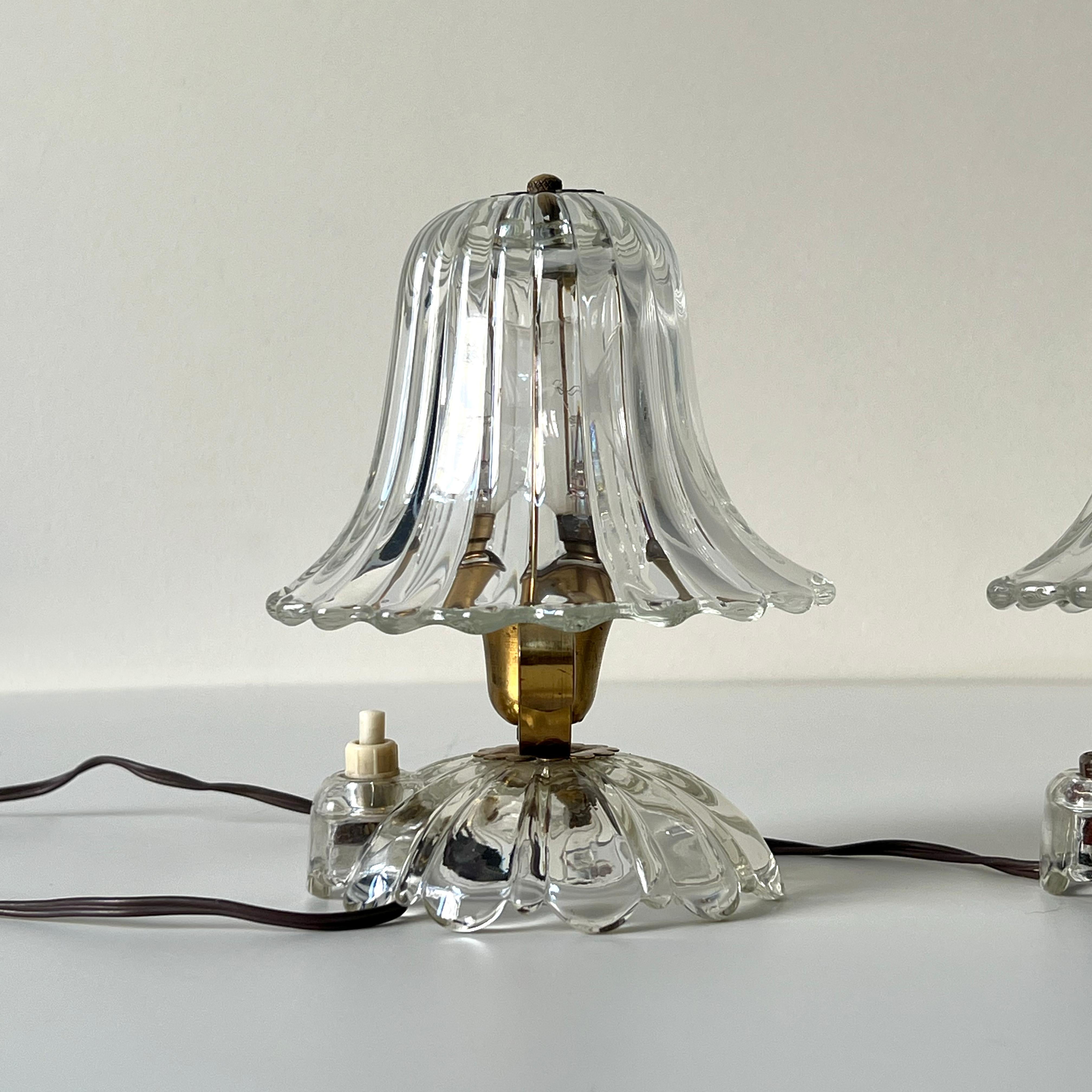 Pair of Ercole Barovier Murano glass and brass table lamps, Italy 1940s 1