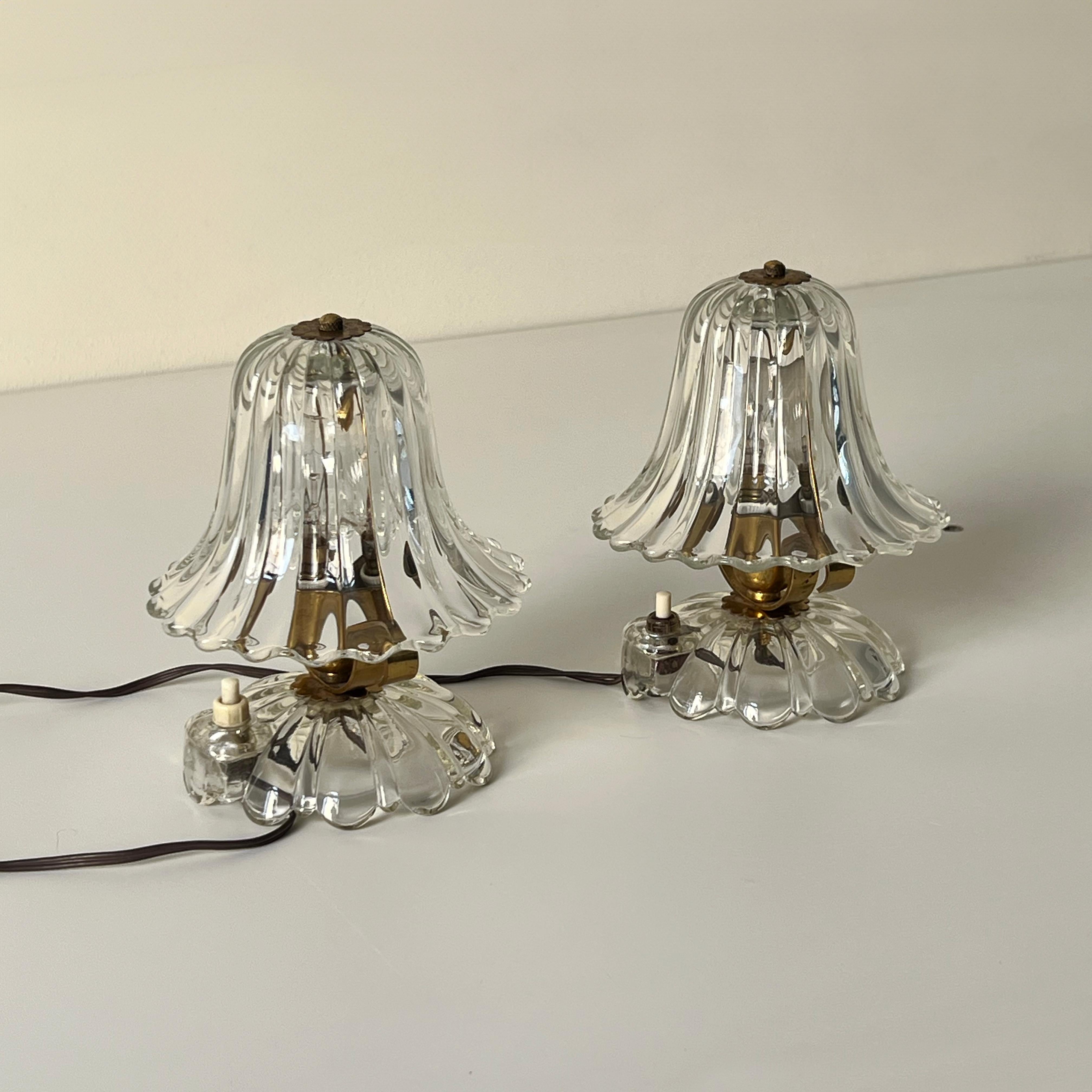 Pair of Ercole Barovier Murano glass and brass table lamps, Italy 1940s 2