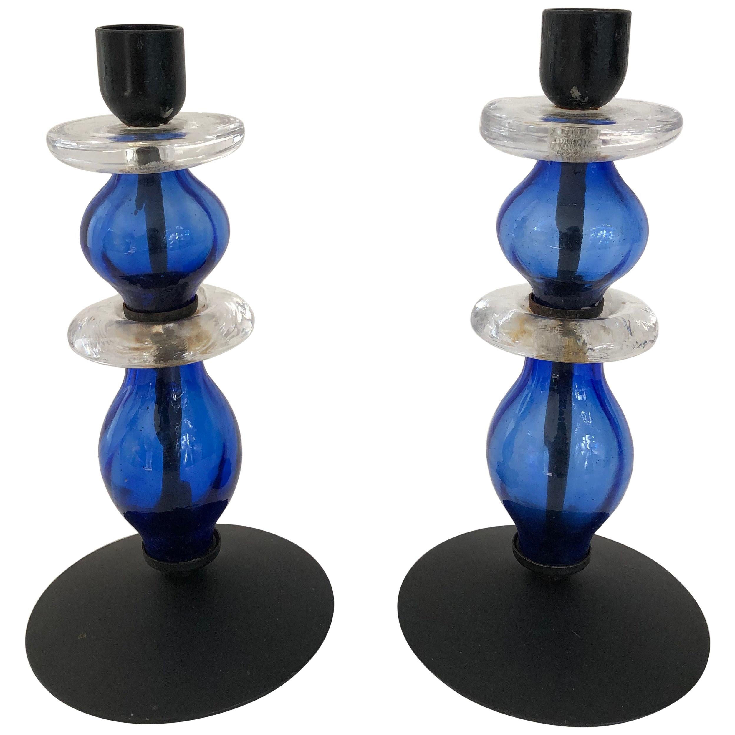 Pair of Erik Hoglund for Boda Glass Candlesticks For Sale