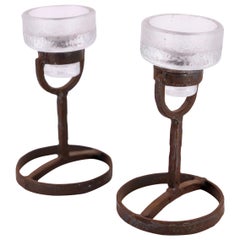 Pair of Erik Hoglund for Boda Nova Crystal and Iron Candleholders