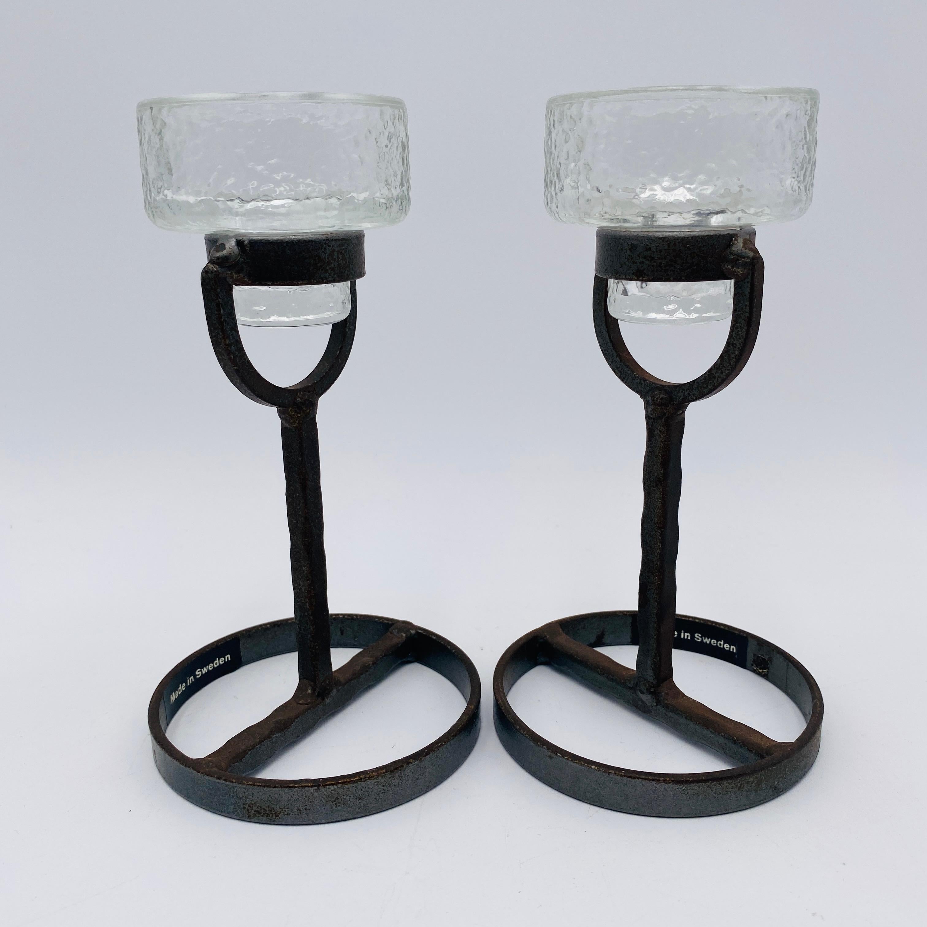 Pair of Erik Hoglund for Boda Nova Crystal and Iron Candleholders Sweden For Sale 4