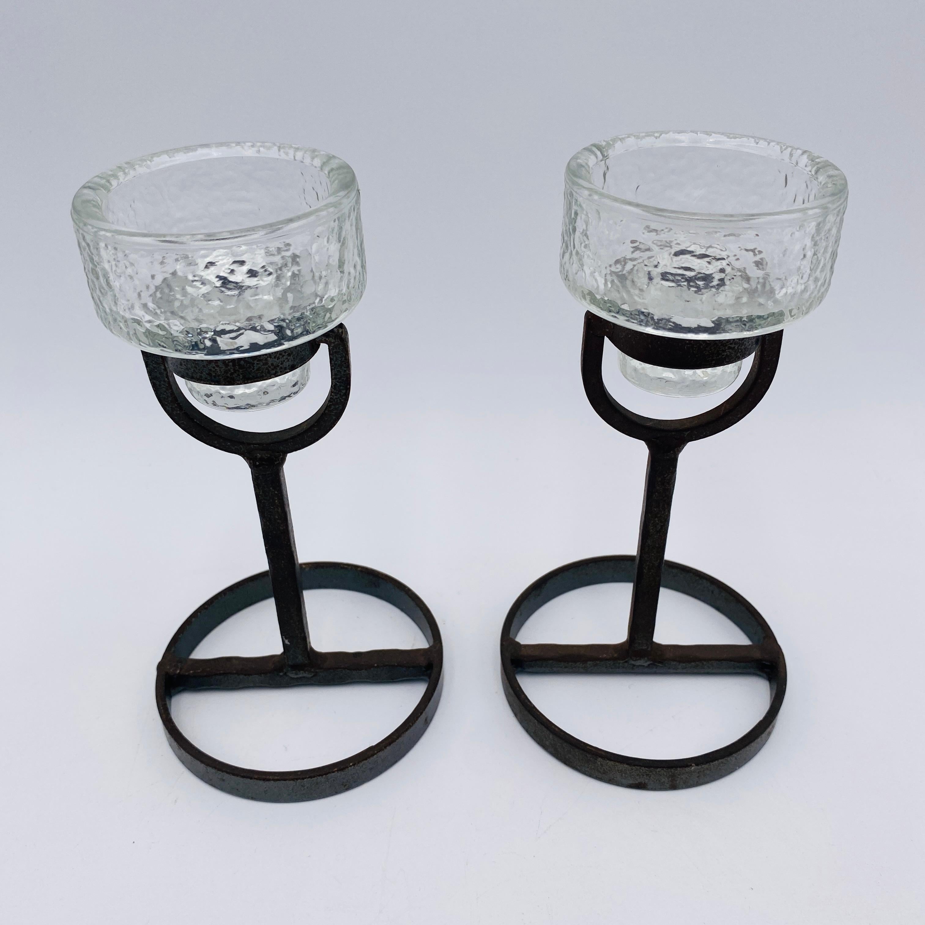 Mid-Century Modern Pair of Erik Hoglund for Boda Nova Crystal and Iron Candleholders Sweden For Sale