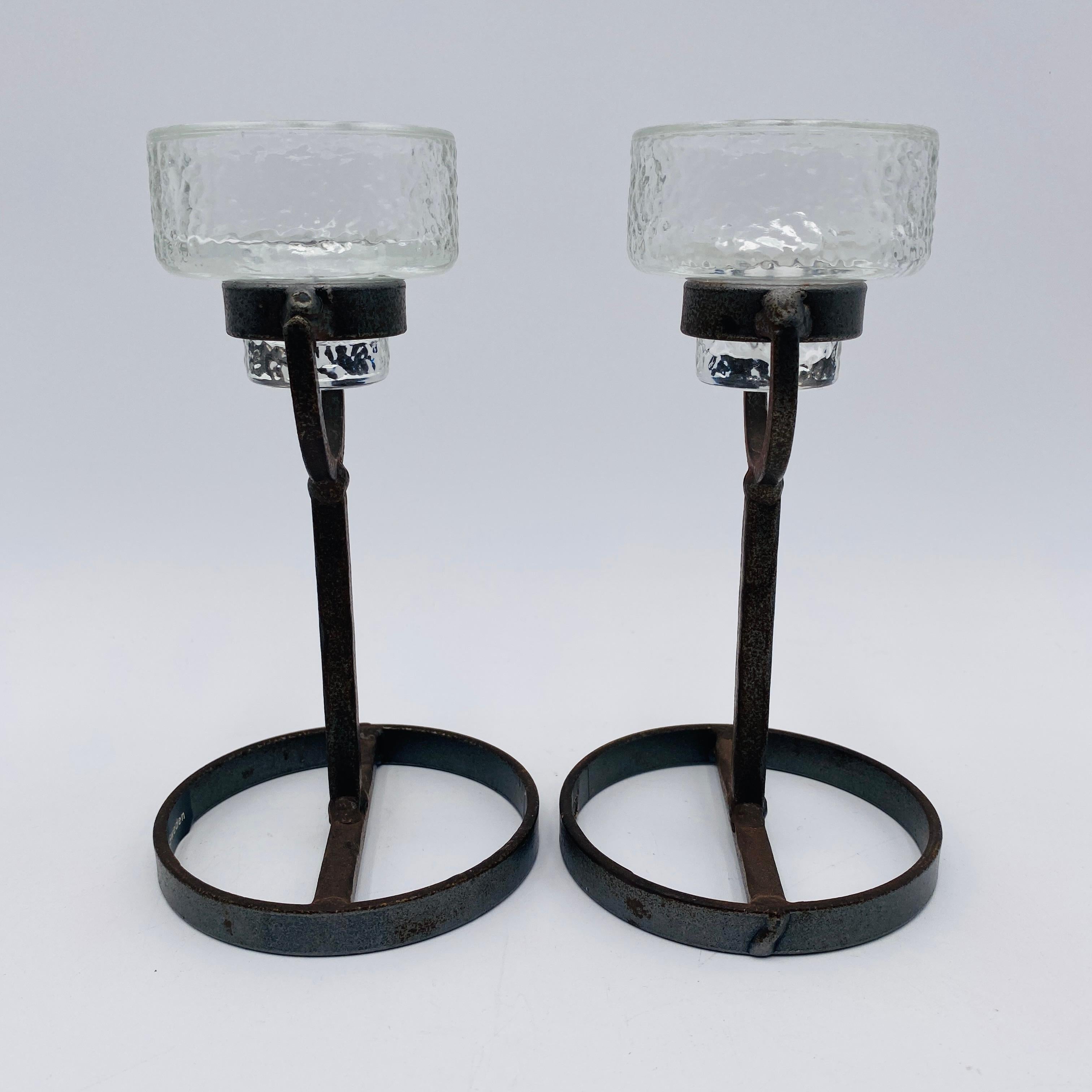 Pair of Erik Hoglund for Boda Nova Crystal and Iron Candleholders Sweden For Sale 3