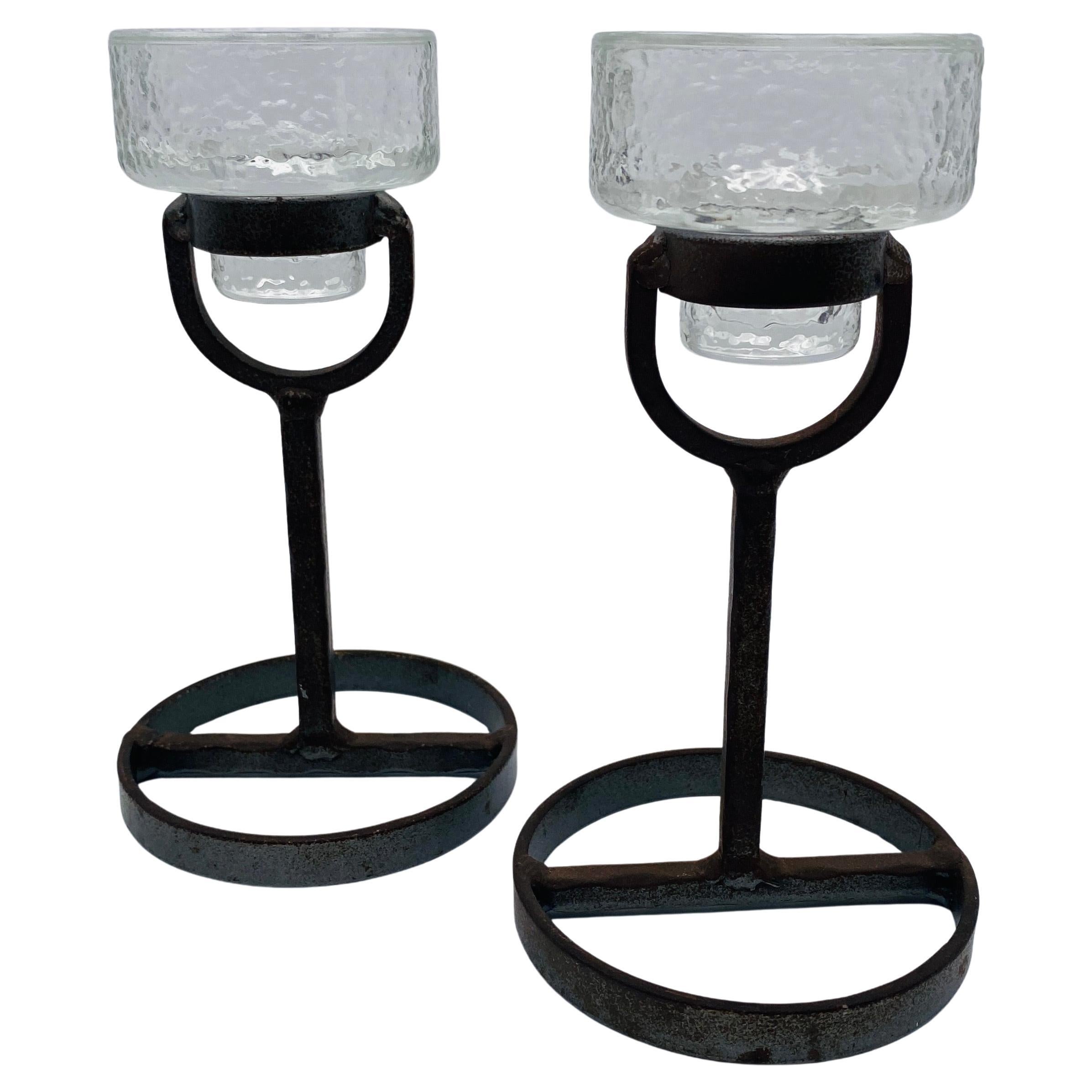 Pair of Erik Hoglund for Boda Nova Crystal and Iron Candleholders Sweden For Sale