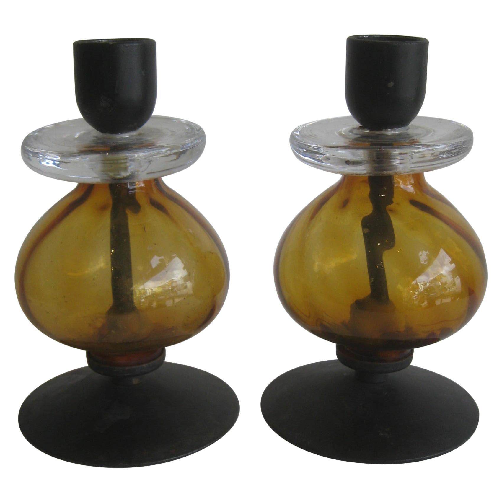 Kerzenhalter aus Schmiedeeisen und Kunstglas von Erik Hoglund für Kosta Boda, Paar