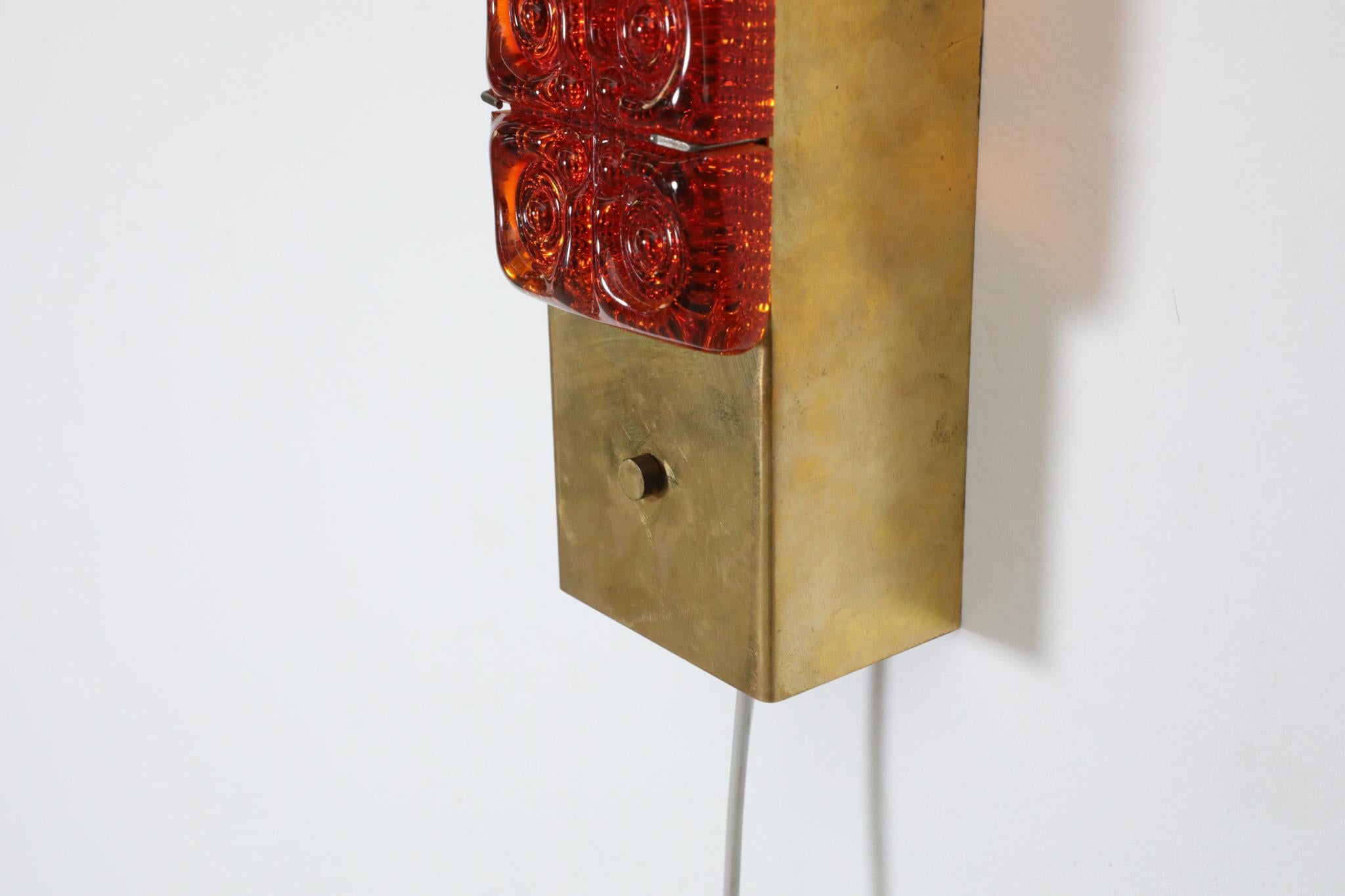 Pair of Erik Höglund Style Orange Molded Glass and Brass Sconces, Austria, 1960s 4