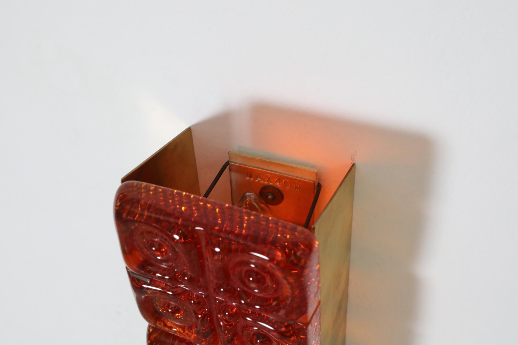 Pair of Erik Höglund Style Orange Molded Glass and Brass Sconces, Austria, 1960s 5