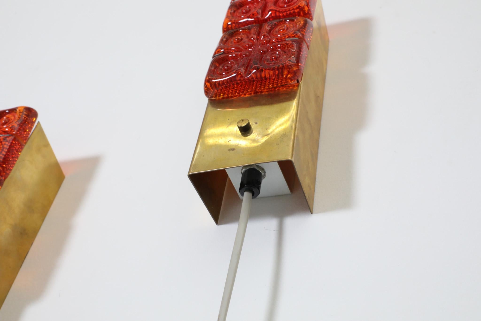 Pair of Erik Höglund Style Orange Molded Glass and Brass Sconces, Austria, 1960s 6