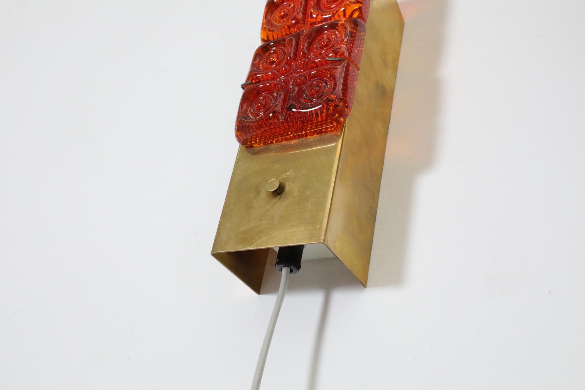 Pair of Erik Höglund Style Orange Molded Glass and Brass Sconces, Austria, 1960s 7