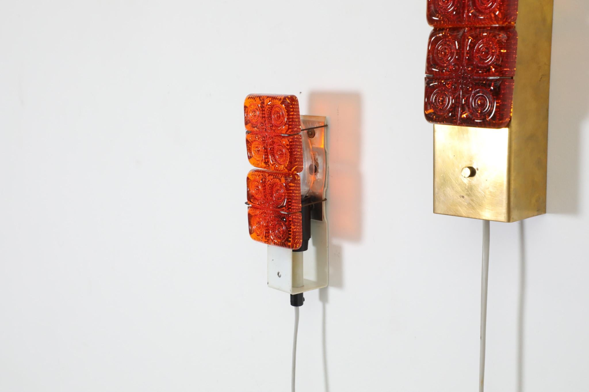 Pair of Erik Höglund Style Orange Molded Glass and Brass Sconces, Austria, 1960s 8