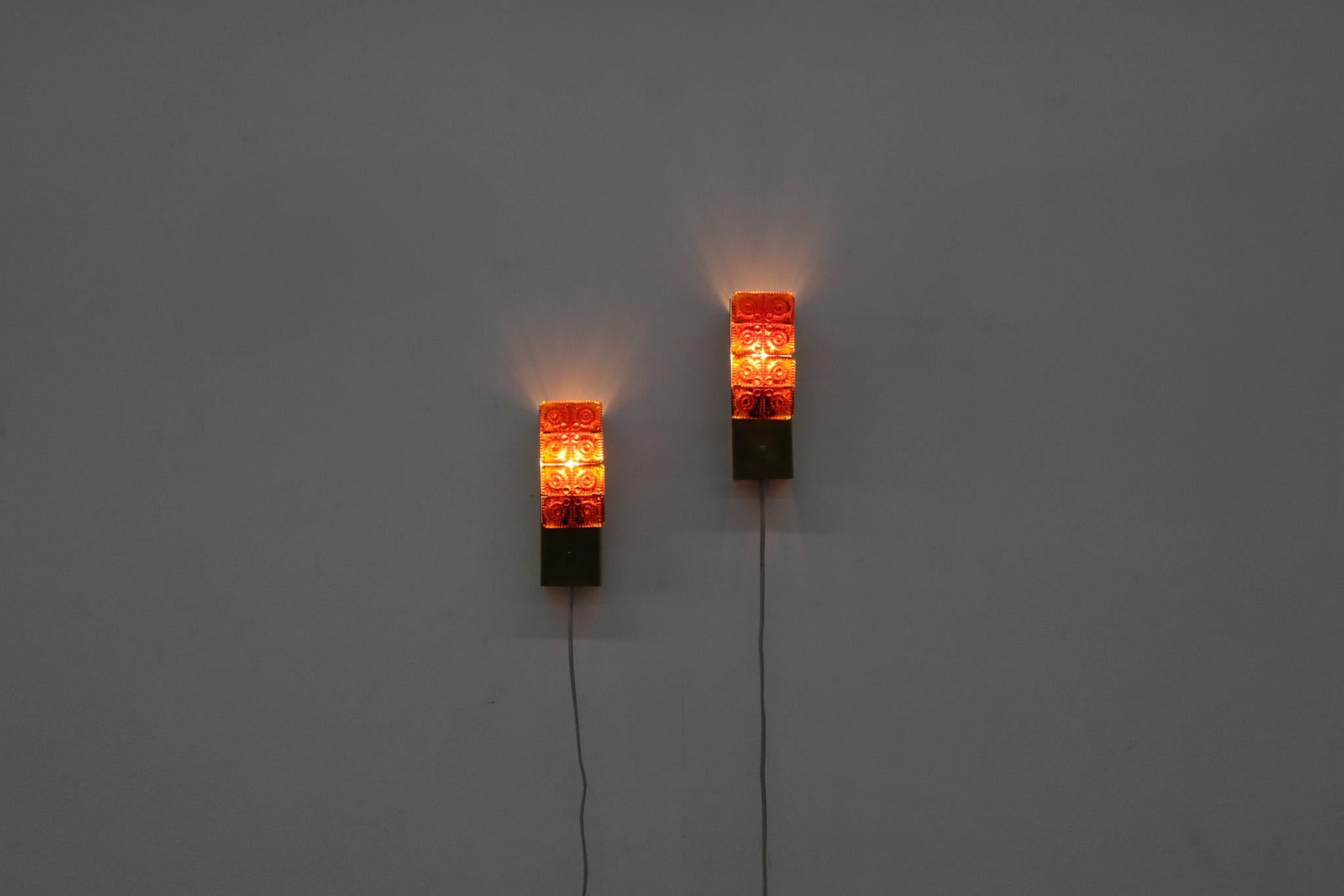 Mid-Century Modern Pair of Erik Höglund Style Orange Molded Glass and Brass Sconces, Austria, 1960s