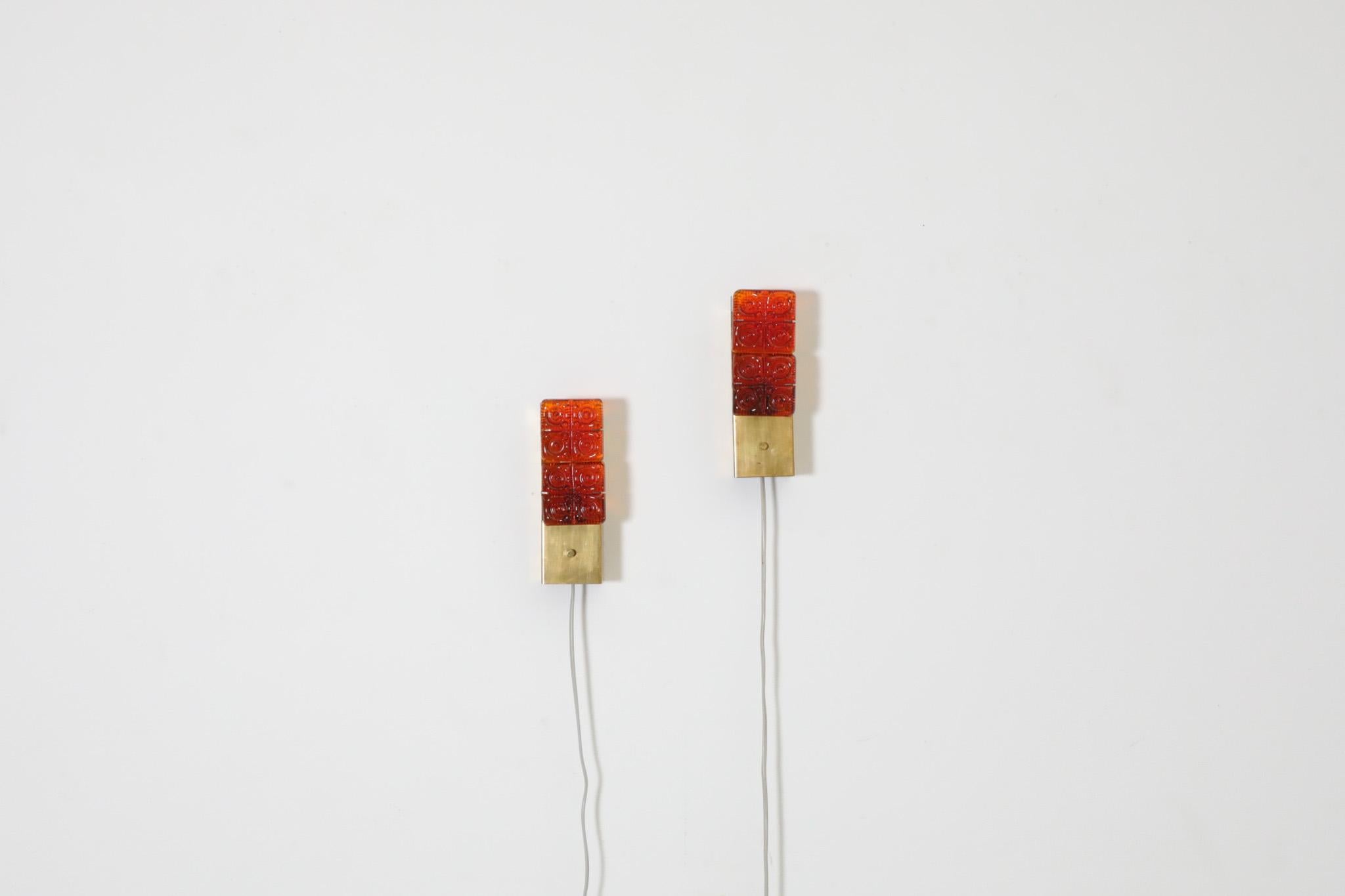 Austrian Pair of Erik Höglund Style Orange Molded Glass and Brass Sconces, Austria, 1960s
