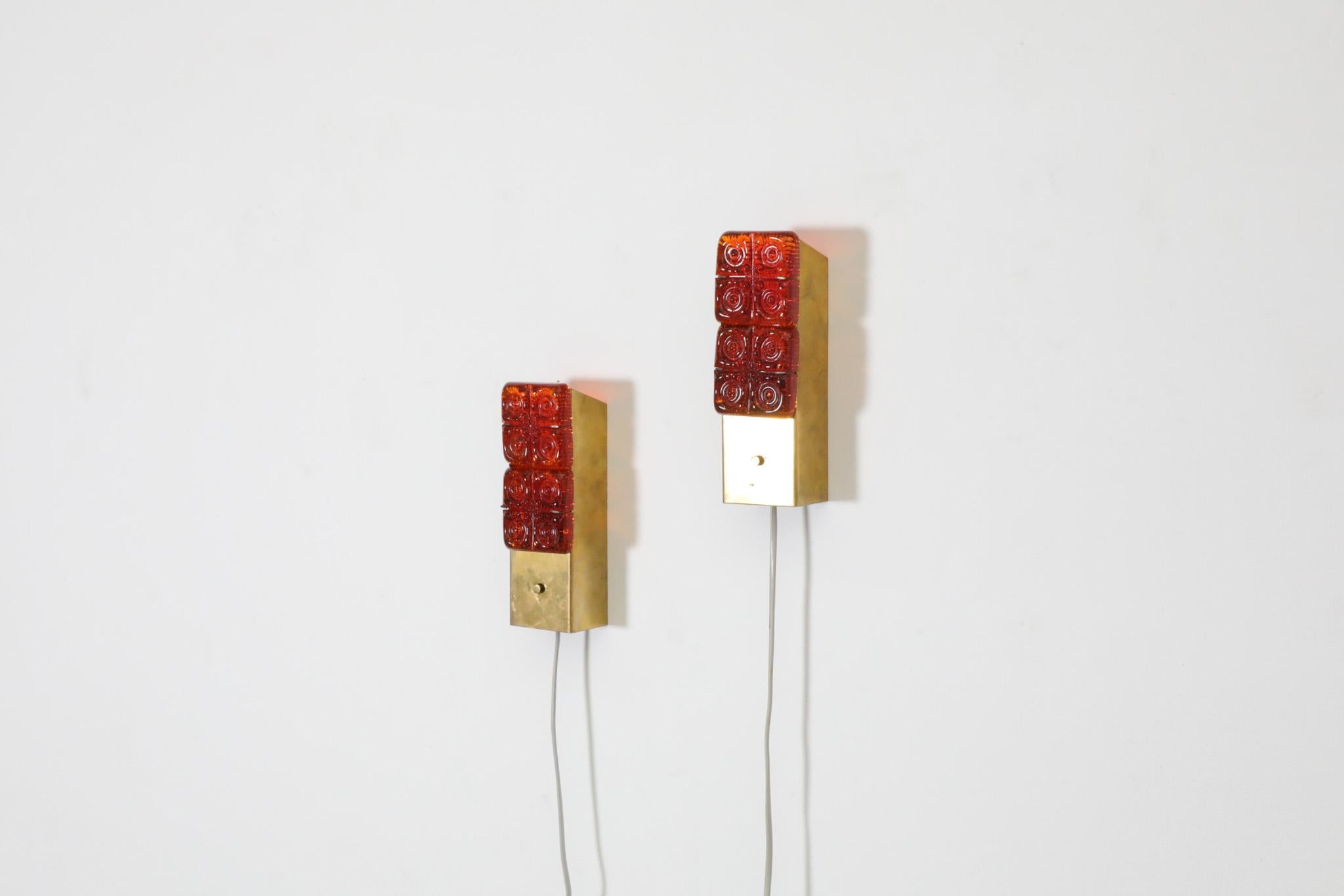Pair of Erik Höglund Style Orange Molded Glass and Brass Sconces, Austria, 1960s In Good Condition In Los Angeles, CA