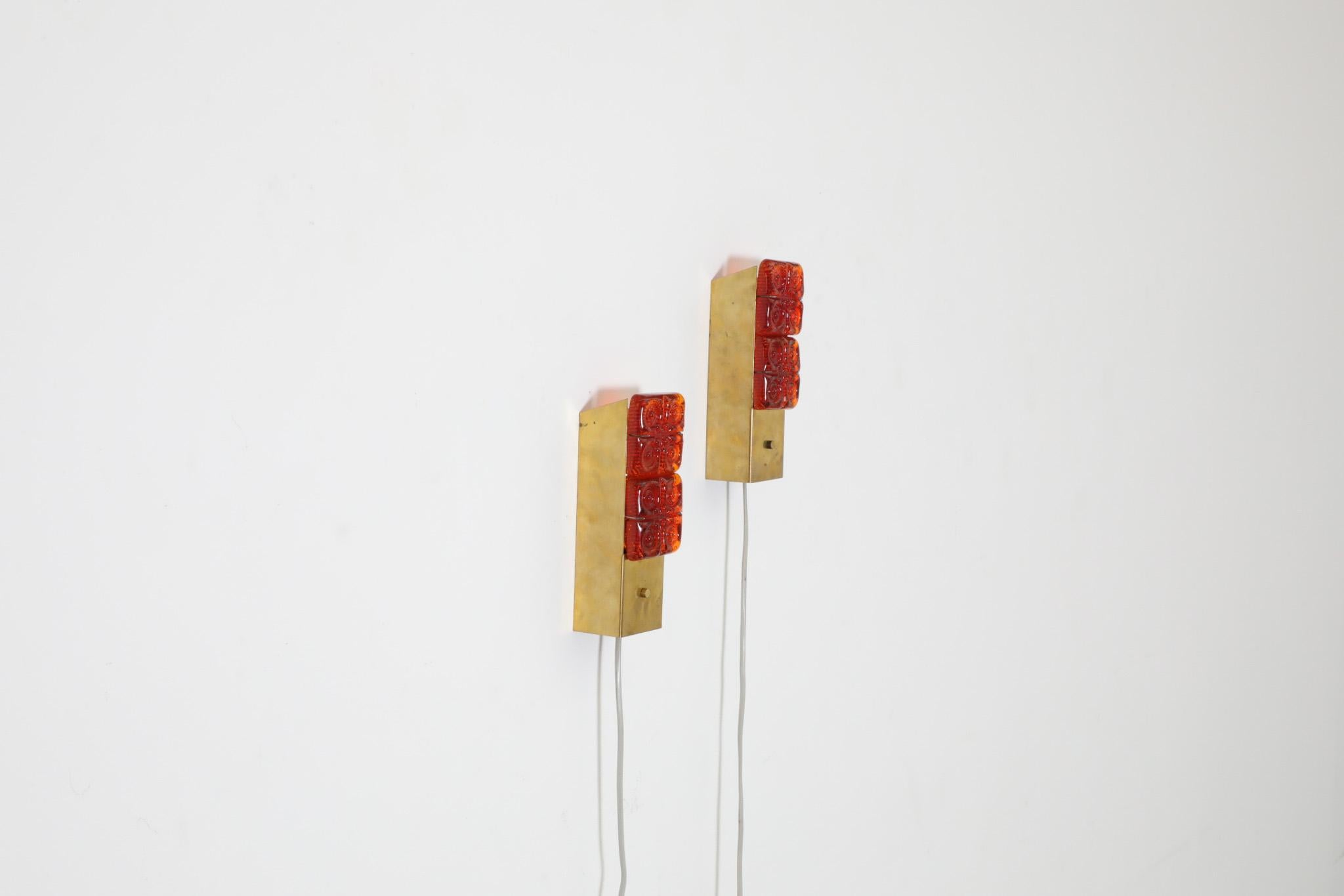 20th Century Pair of Erik Höglund Style Orange Molded Glass and Brass Sconces, Austria, 1960s