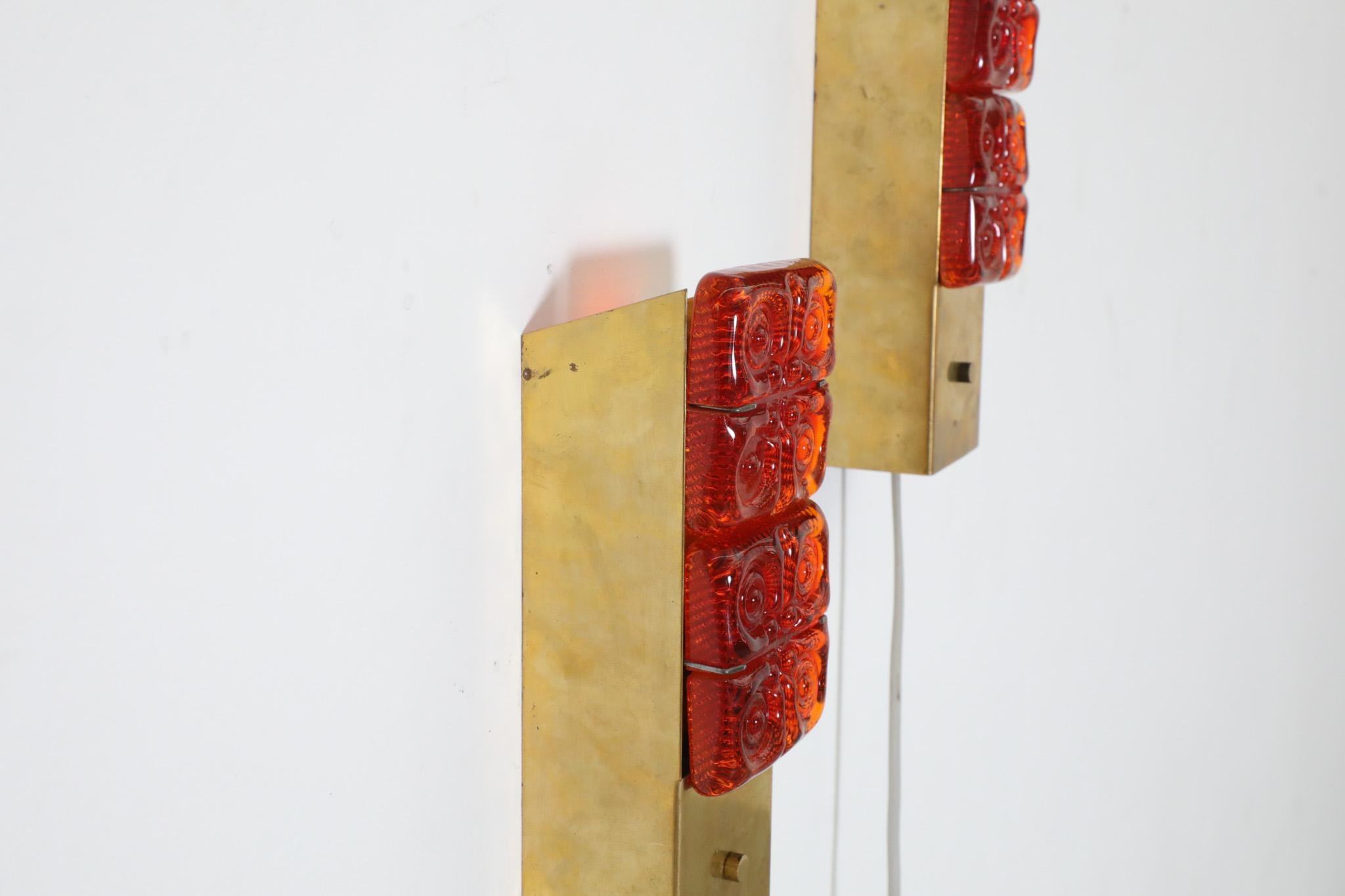 Pair of Erik Höglund Style Orange Molded Glass and Brass Sconces, Austria, 1960s 1