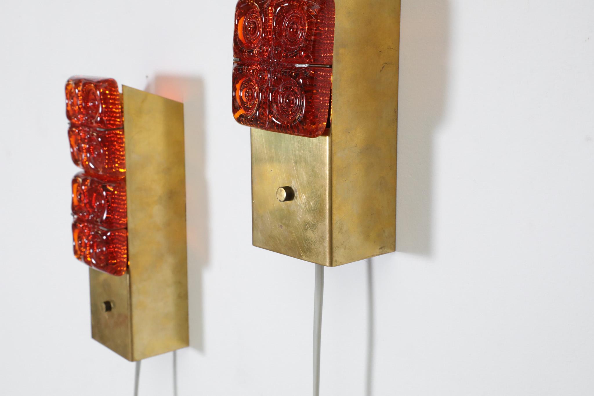 Pair of Erik Höglund Style Orange Molded Glass and Brass Sconces, Austria, 1960s 2