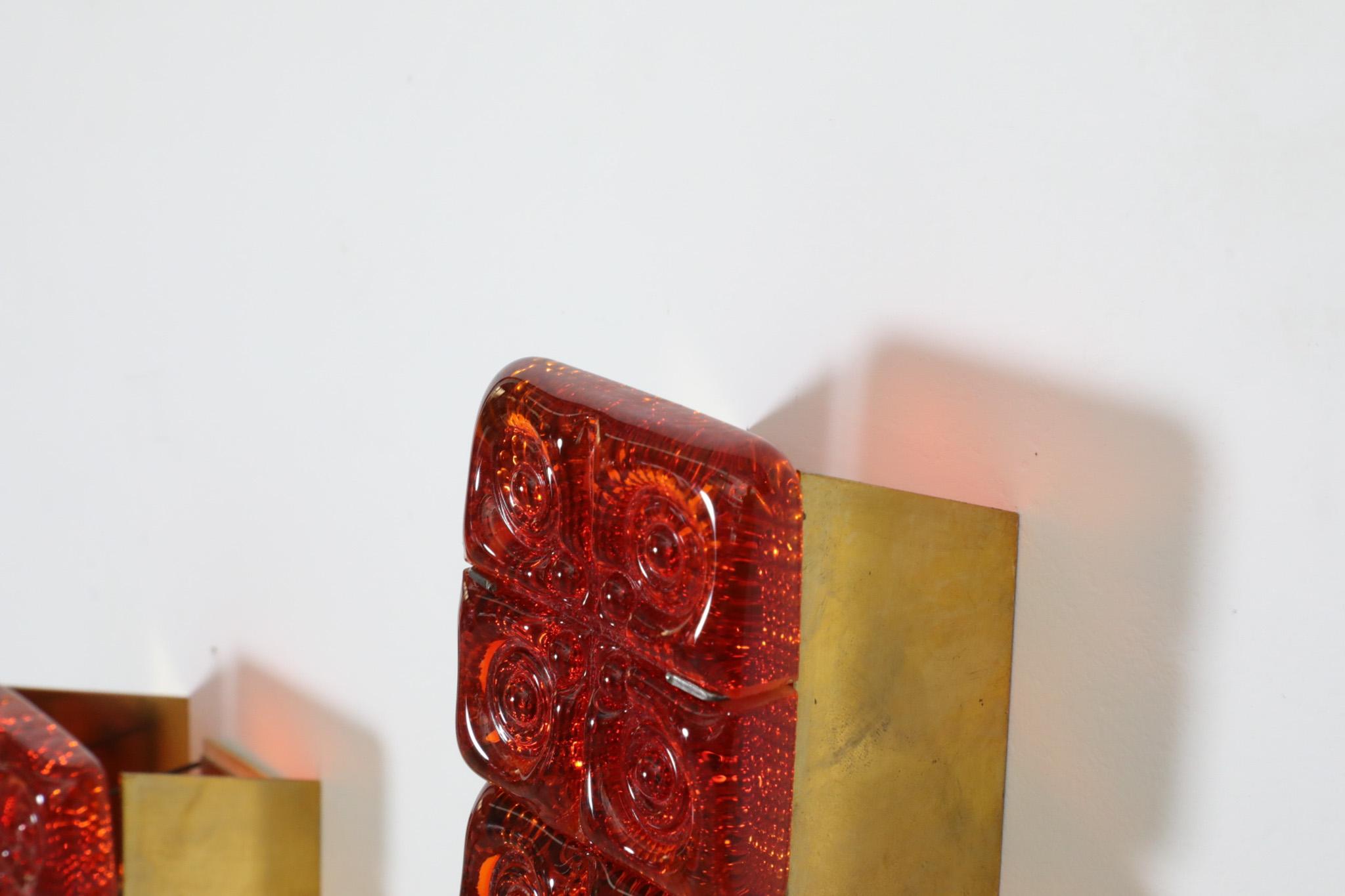 Pair of Erik Höglund Style Orange Molded Glass and Brass Sconces, Austria, 1960s 3