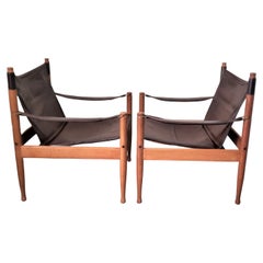 Vintage Pair of Erik Worts for Niels Eilersen Danish "Safari' Chairs in Brown Leather
