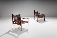 Pair of Erik Wørts Safari Chairs in Dark Brown Leather, Denmark, 1960s