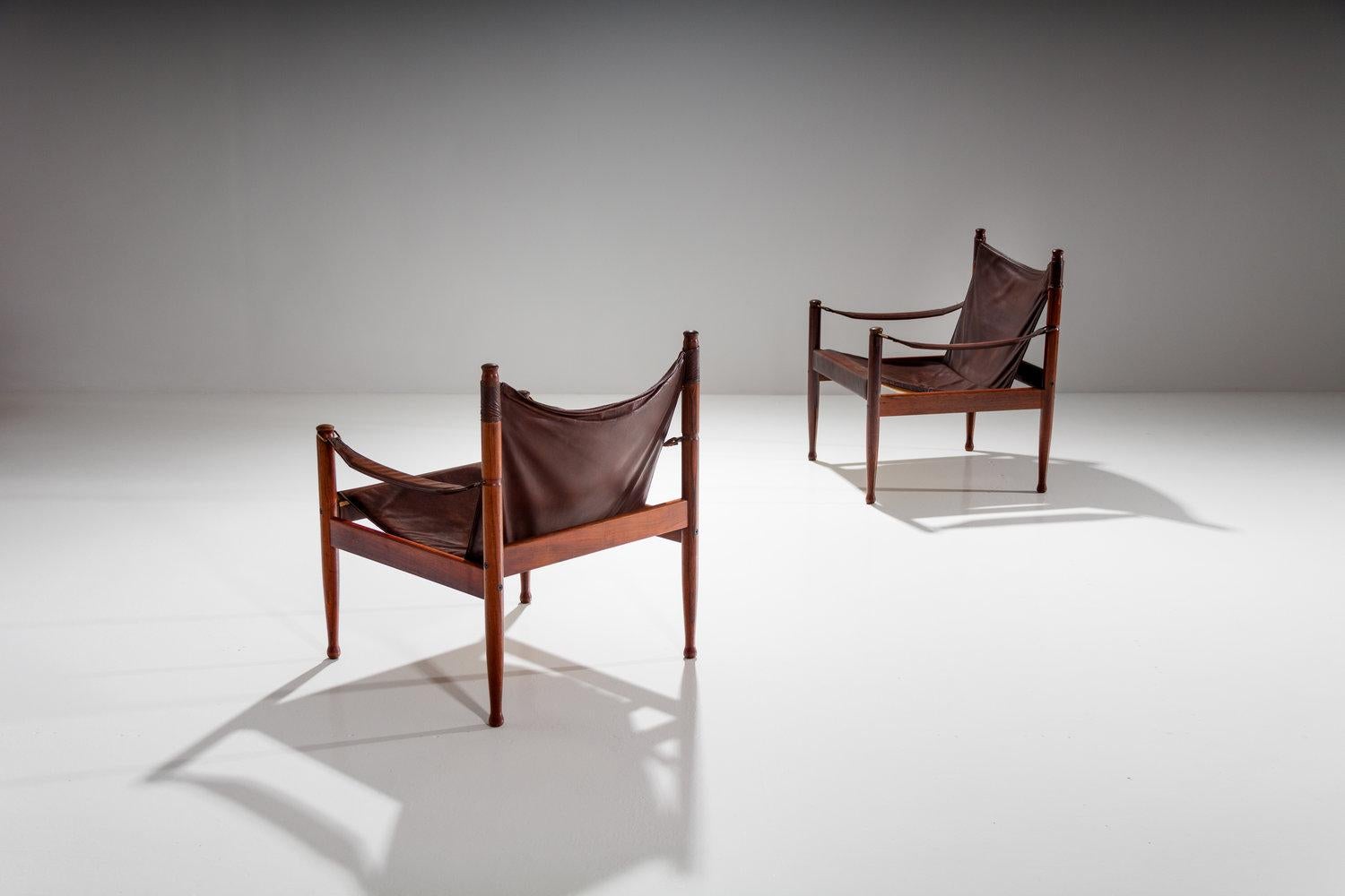 Scandinavian Modern Pair of Erik Wørts Safari Chairs in Dark Brown Leather, Denmark, 1960s