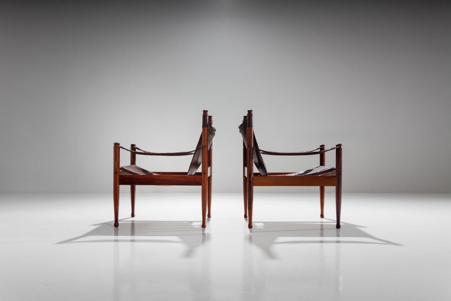 Danish Pair of Erik Wørts Safari Chairs in Dark Brown Leather, Denmark, 1960s