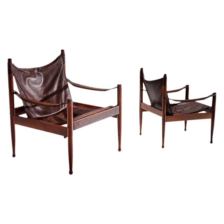 Pair of Erik Wørts Safari Chairs in Dark Brown Leather, Denmark, 1960s