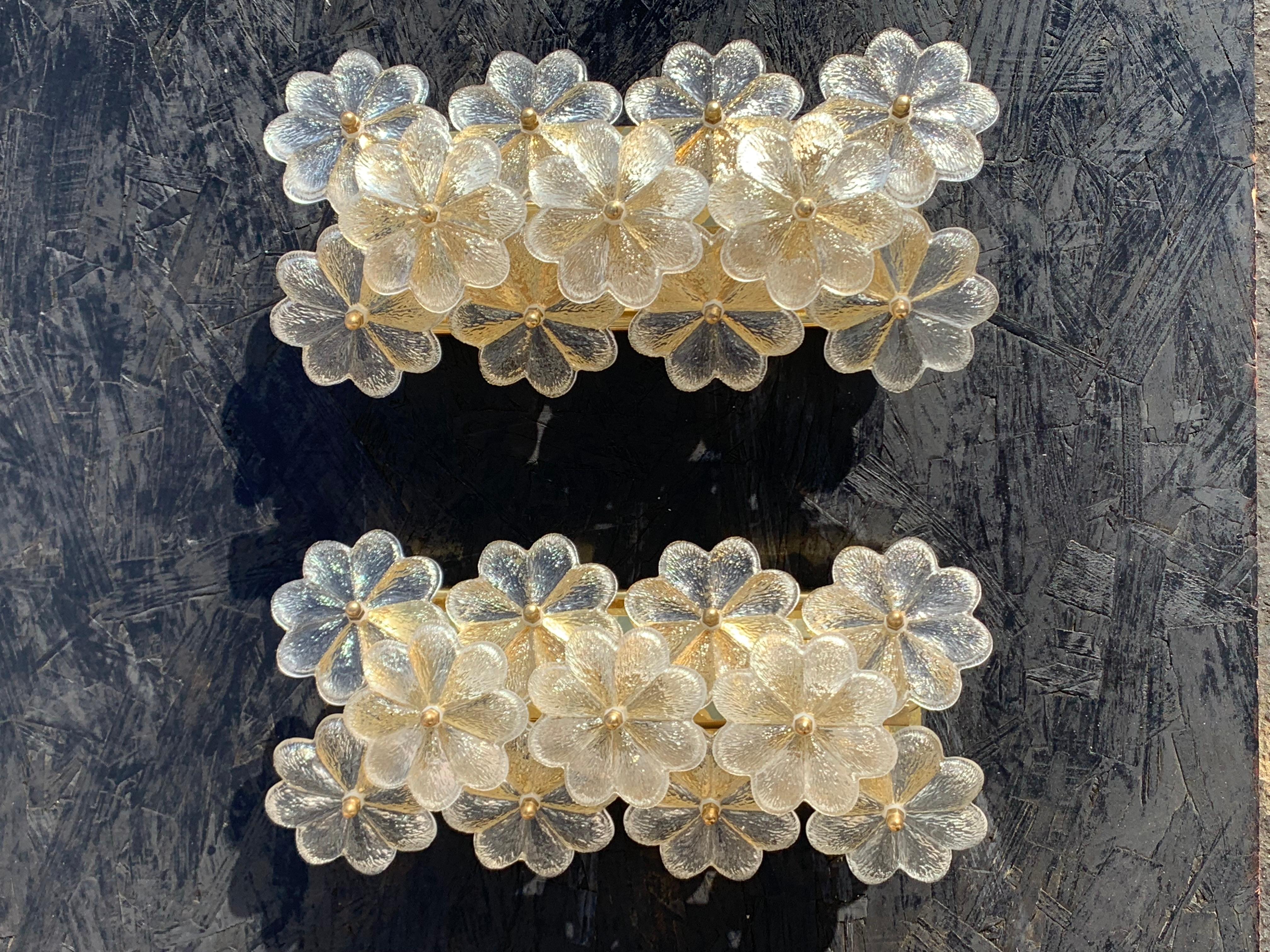 Pair of Ernst Palme floral glass sconces. Can be installed vertical or horizontal. Requires two E14 base up to 40watt bulbs. Rewired for USA.