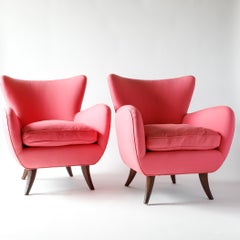 Pair of Ernst Schwadron Upholstered Lounge Chairs, 1940s, Bright Pink