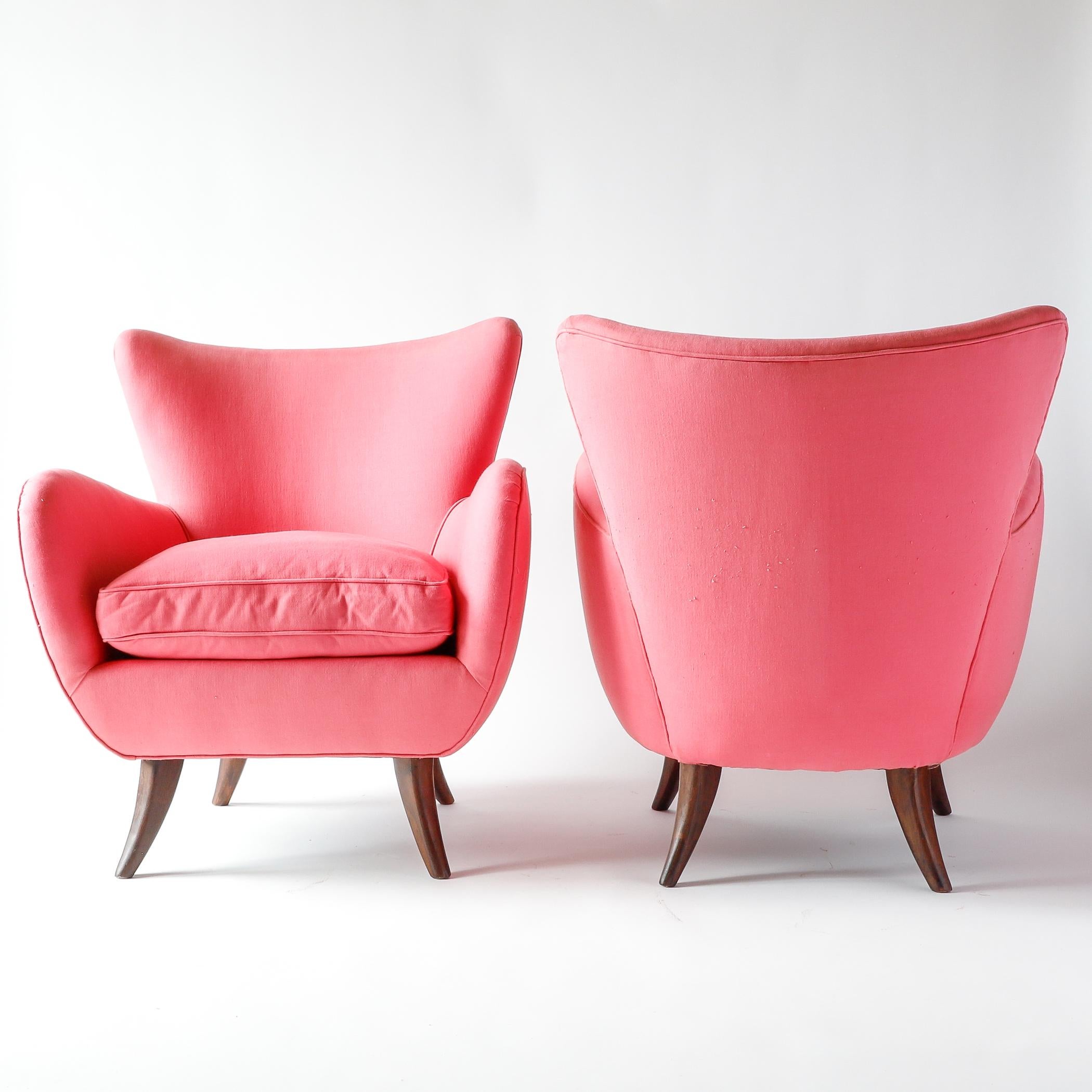 Mid-Century Modern Pair of Ernst Schwadron Upholstered Lounge Chairs, 1940s, Bright Pink For Sale