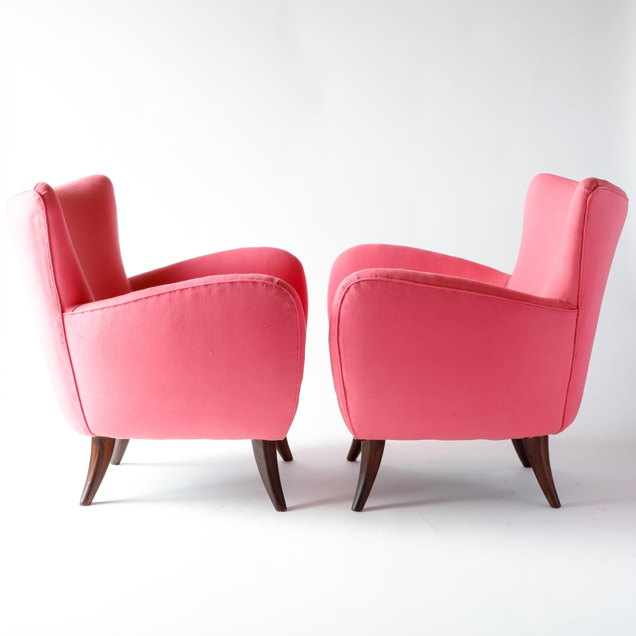 American Pair of Ernst Schwadron Upholstered Lounge Chairs, 1940s, Bright Pink For Sale