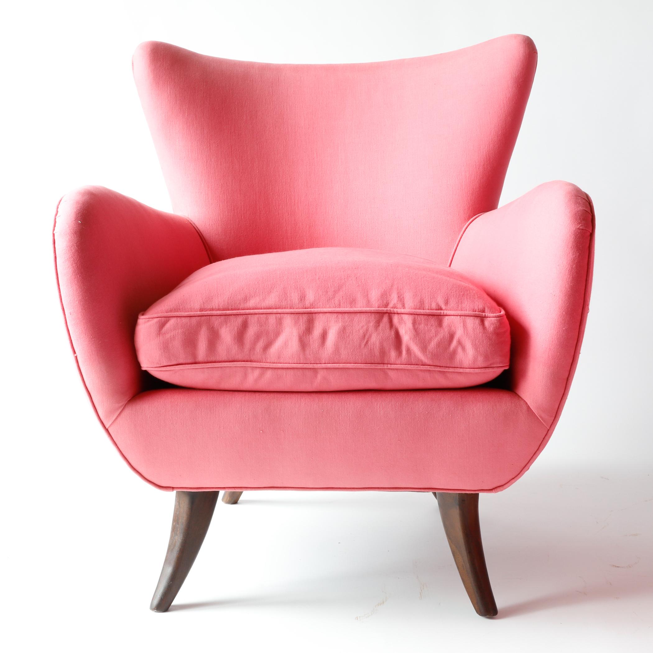 Pair of Ernst Schwadron Upholstered Lounge Chairs, 1940s, Bright Pink In Good Condition For Sale In Raleigh, NC