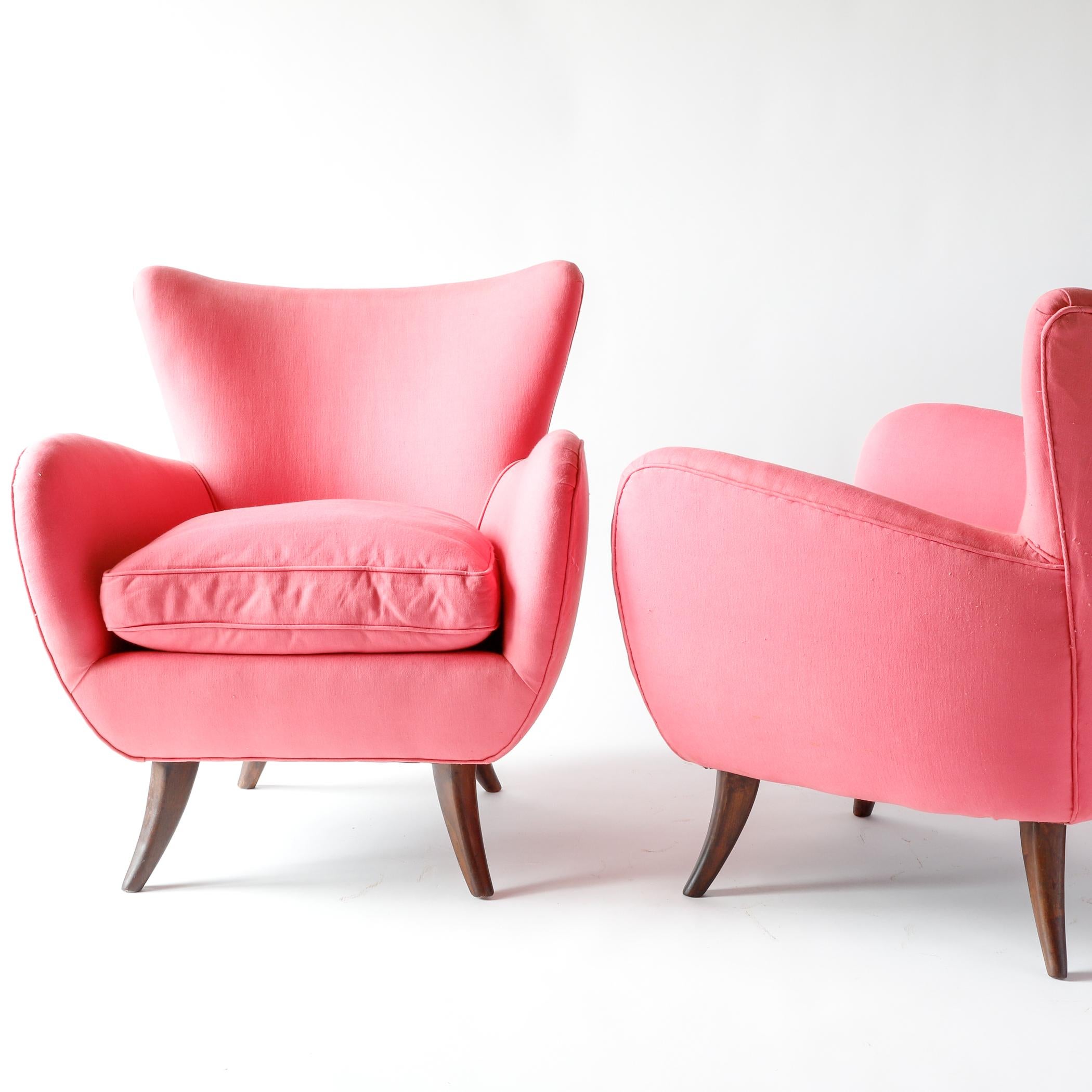 Mid-20th Century Pair of Ernst Schwadron Upholstered Lounge Chairs, 1940s, Bright Pink For Sale