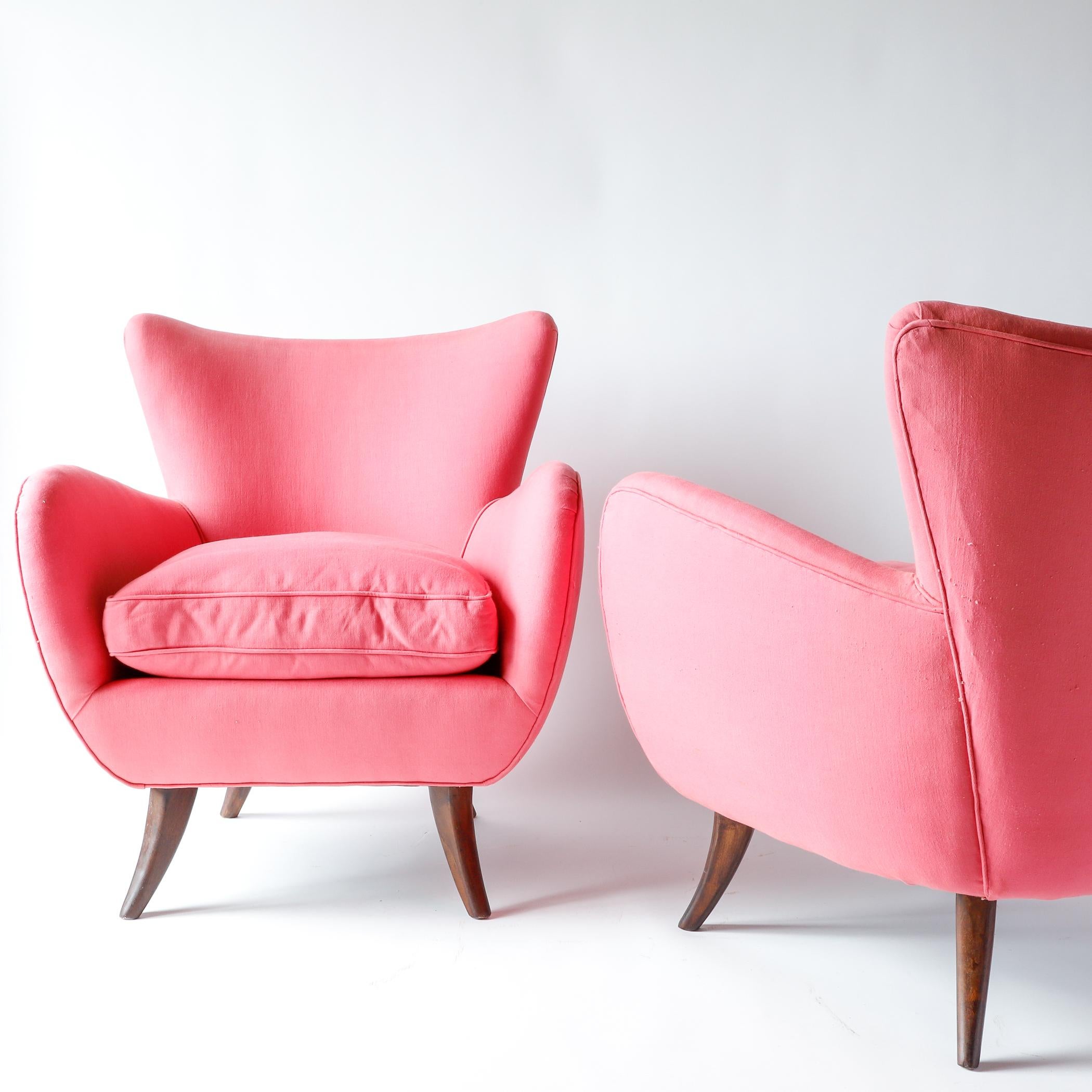 Cotton Pair of Ernst Schwadron Upholstered Lounge Chairs, 1940s, Bright Pink For Sale