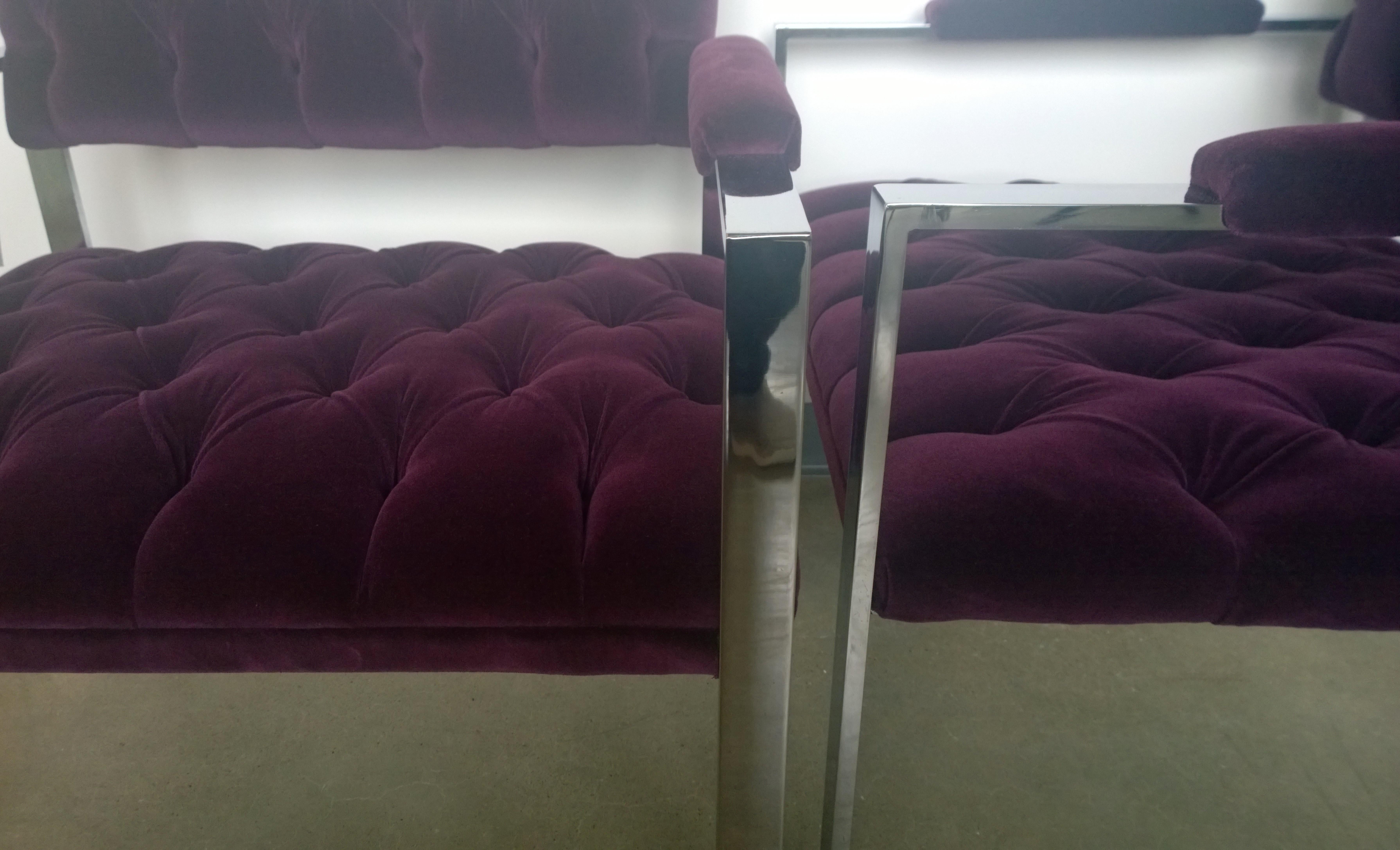 Pair of Erwin-Lambeth Chrome and New Deep Purple Velvet Tufted Arm Lounge Chairs For Sale 6