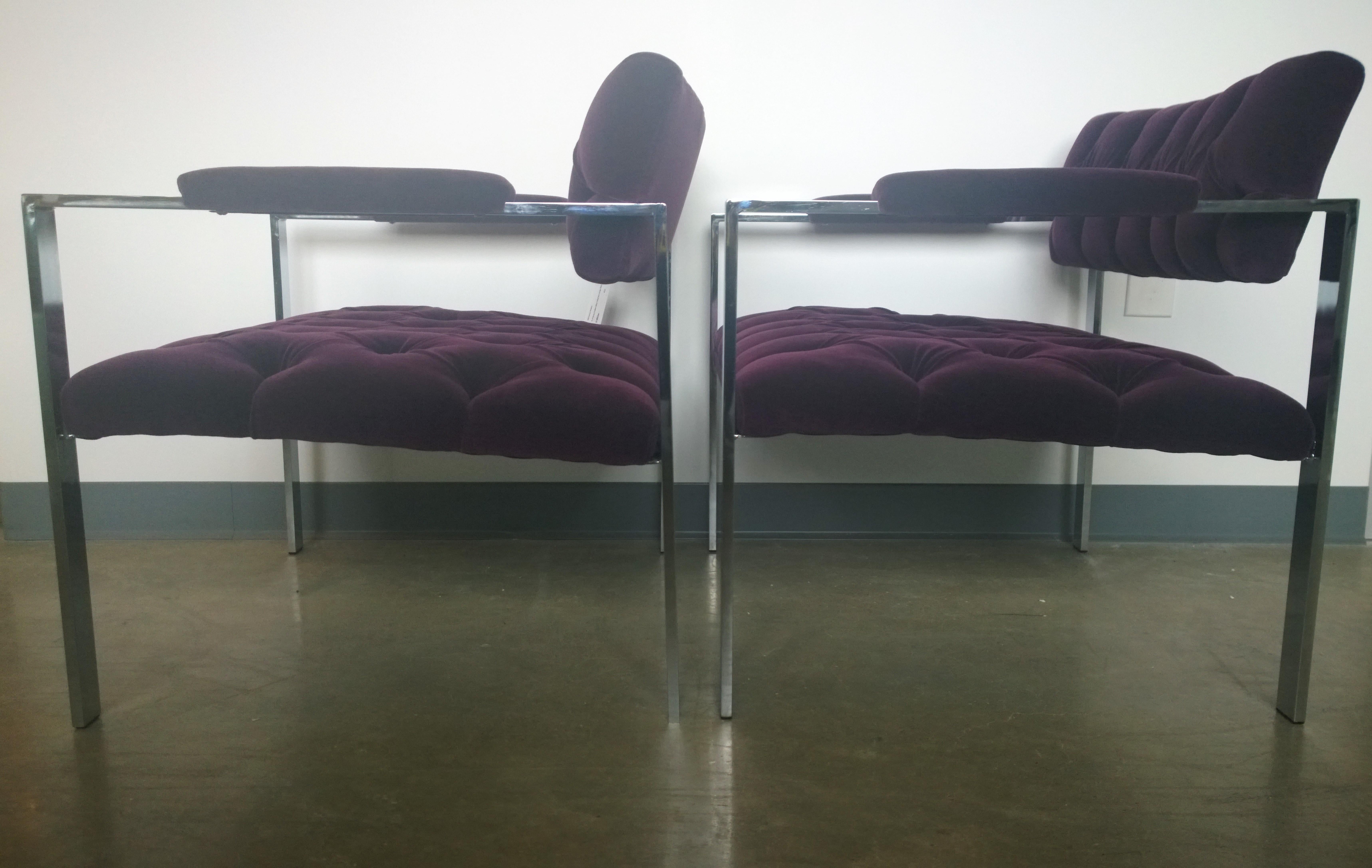 Pair of Erwin-Lambeth Chrome and New Deep Purple Velvet Tufted Arm Lounge Chairs In Good Condition For Sale In Houston, TX