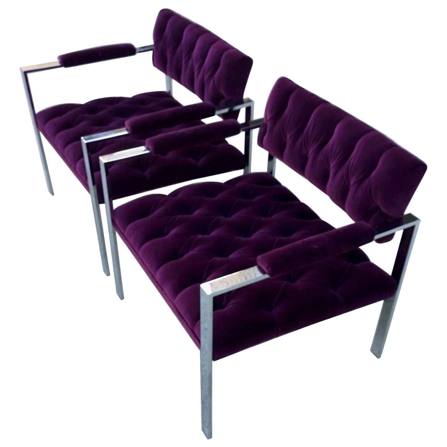 Pair of Erwin-Lambeth Chrome and New Deep Purple Velvet Tufted Arm Lounge Chairs For Sale