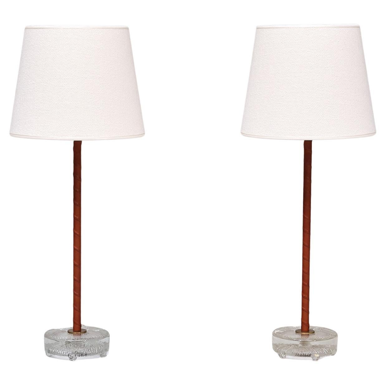 Pair of Eskilstuna Armaturer Table Lamps in Brass, Leather and Glass, 1960s