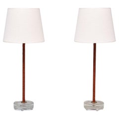 Pair of Eskilstuna Armaturer Table Lamps in Brass, Leather and Glass, 1960s