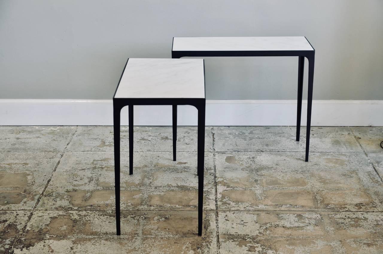 Polished Pair of 'Esquisse' Iron and Honed Marble Side Tables by Design Frères For Sale