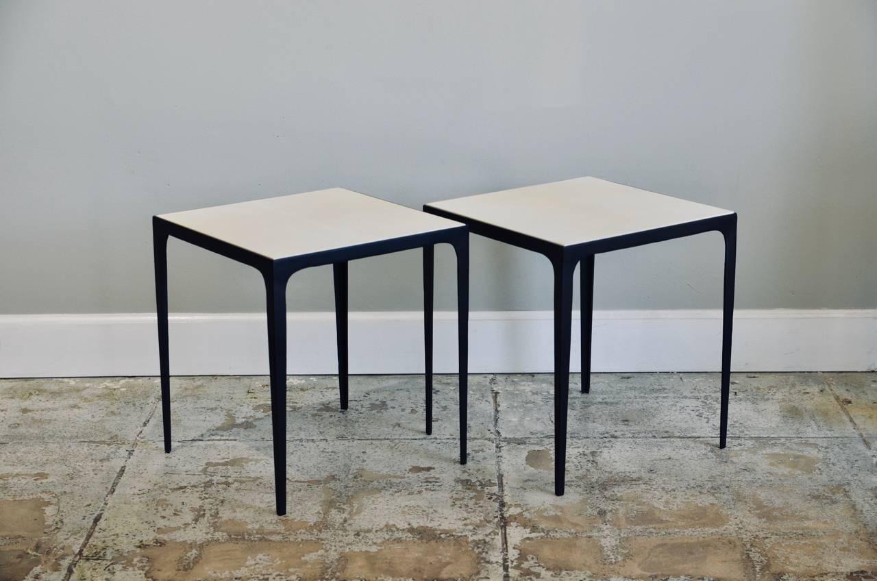 Art Deco Pair of 'Esquisse' Parchment and Wrought Iron Side / End Tables by Design Frères For Sale