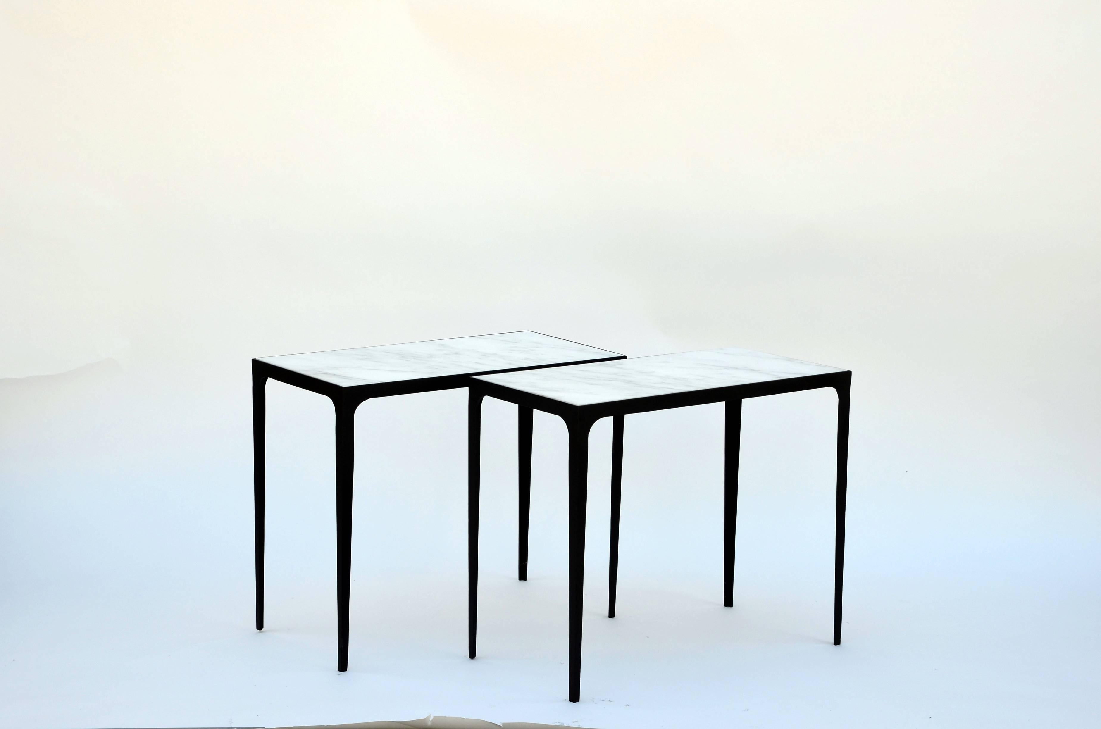 Patinated Pair of 'Esquisse' Wrought Iron and Marble Side Tables by Design Frères For Sale