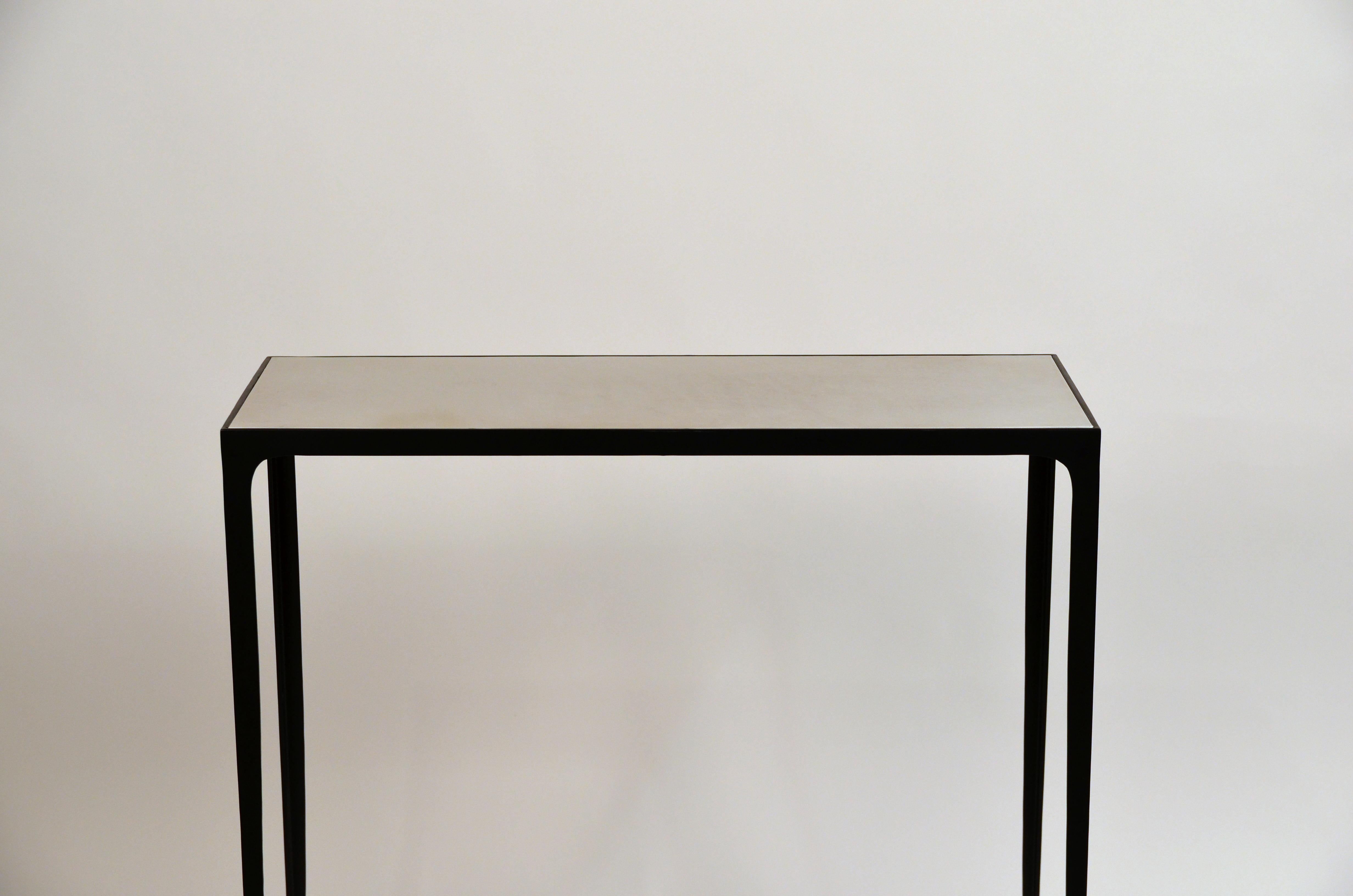 Powder-Coated Pair of 'Esquisse' Wrought Iron and Parchment Consoles by Design Frères For Sale