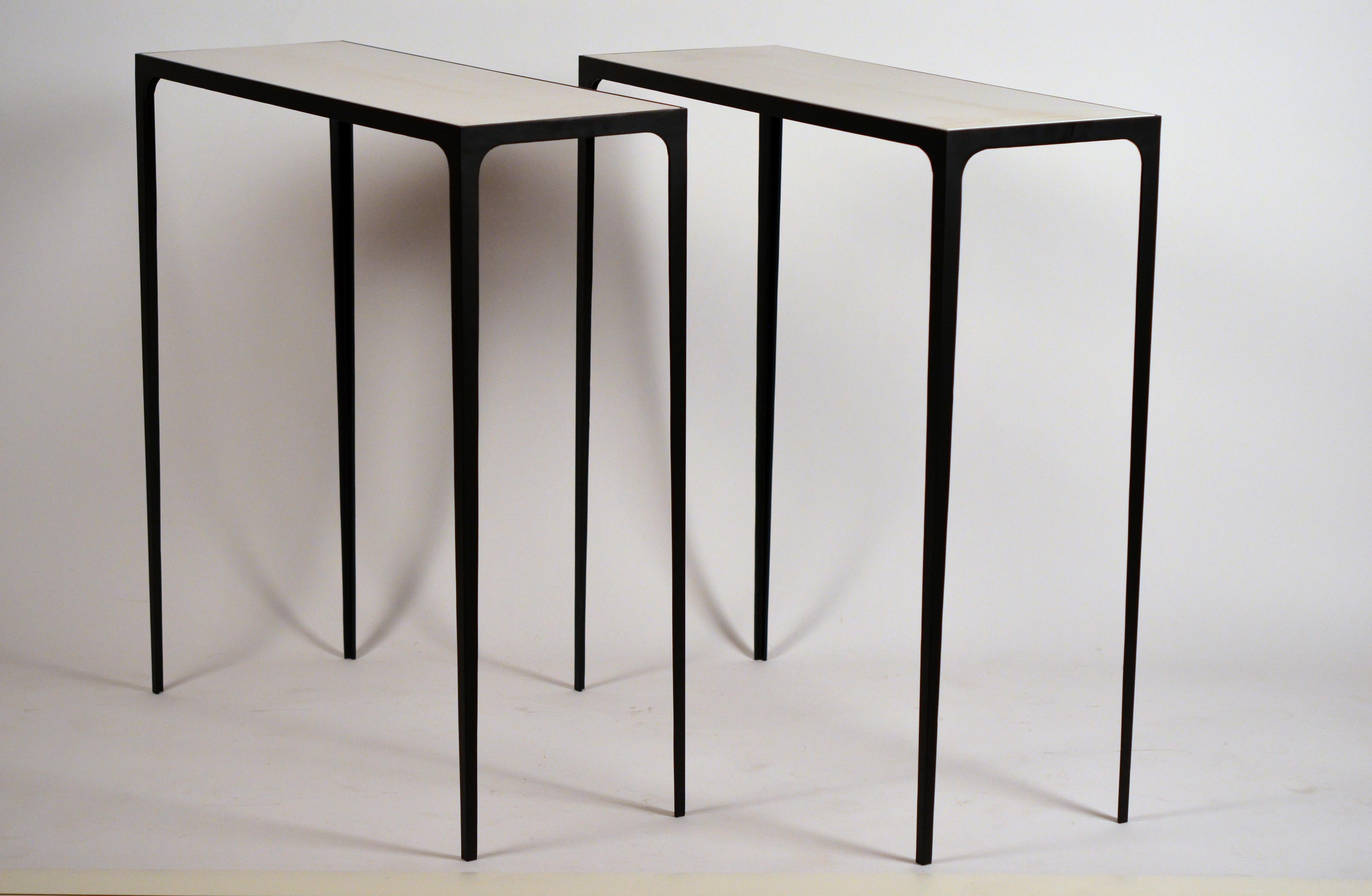 Powder-Coated Pair of 'Esquisse' Wrought Iron and Parchment Consoles by Design Frères For Sale