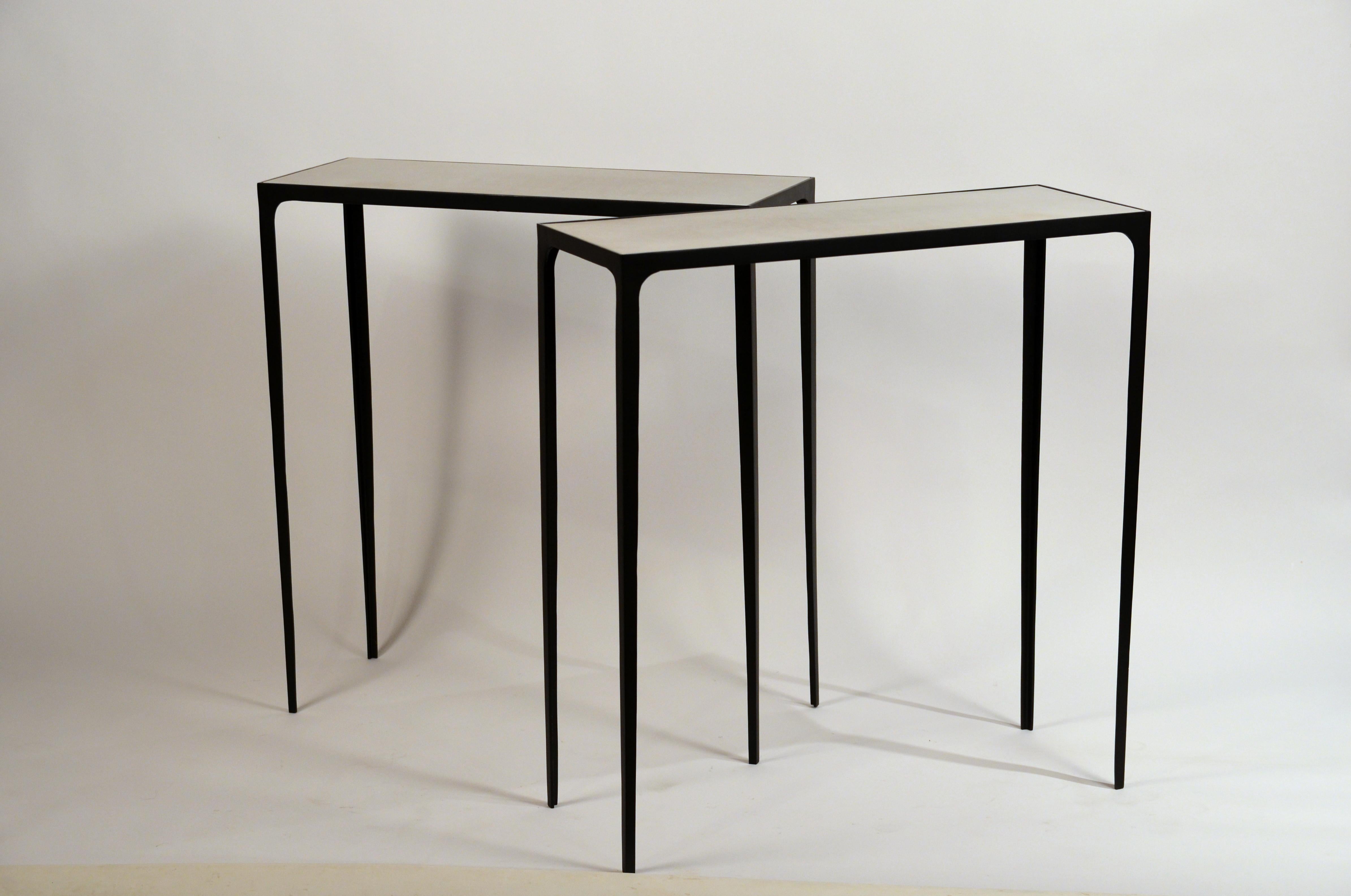 Pair of 'Esquisse' Wrought Iron and Parchment Consoles by Design Frères In New Condition For Sale In Los Angeles, CA